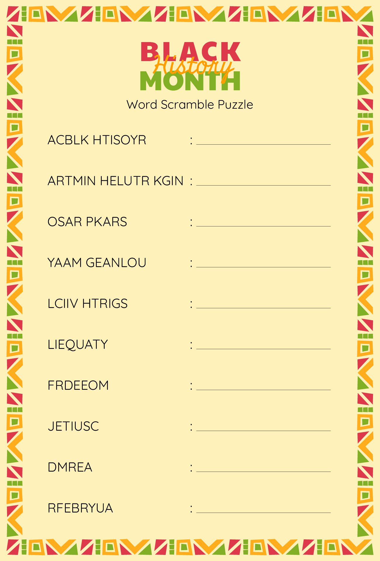 Black History Word Scramble Puzzle
