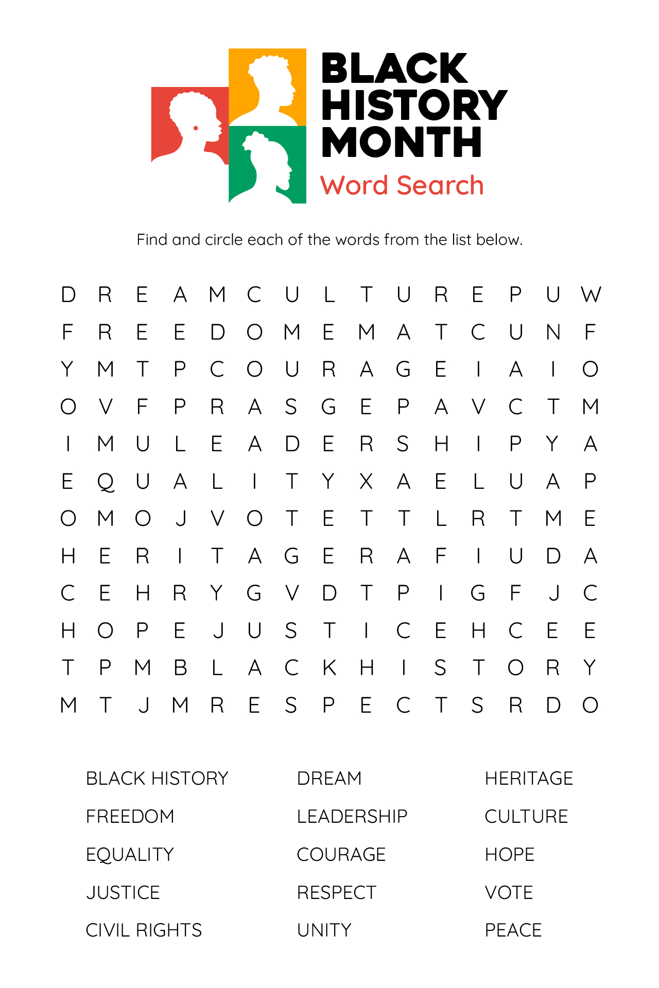 Black History Vocabulary Word Search Puzzle