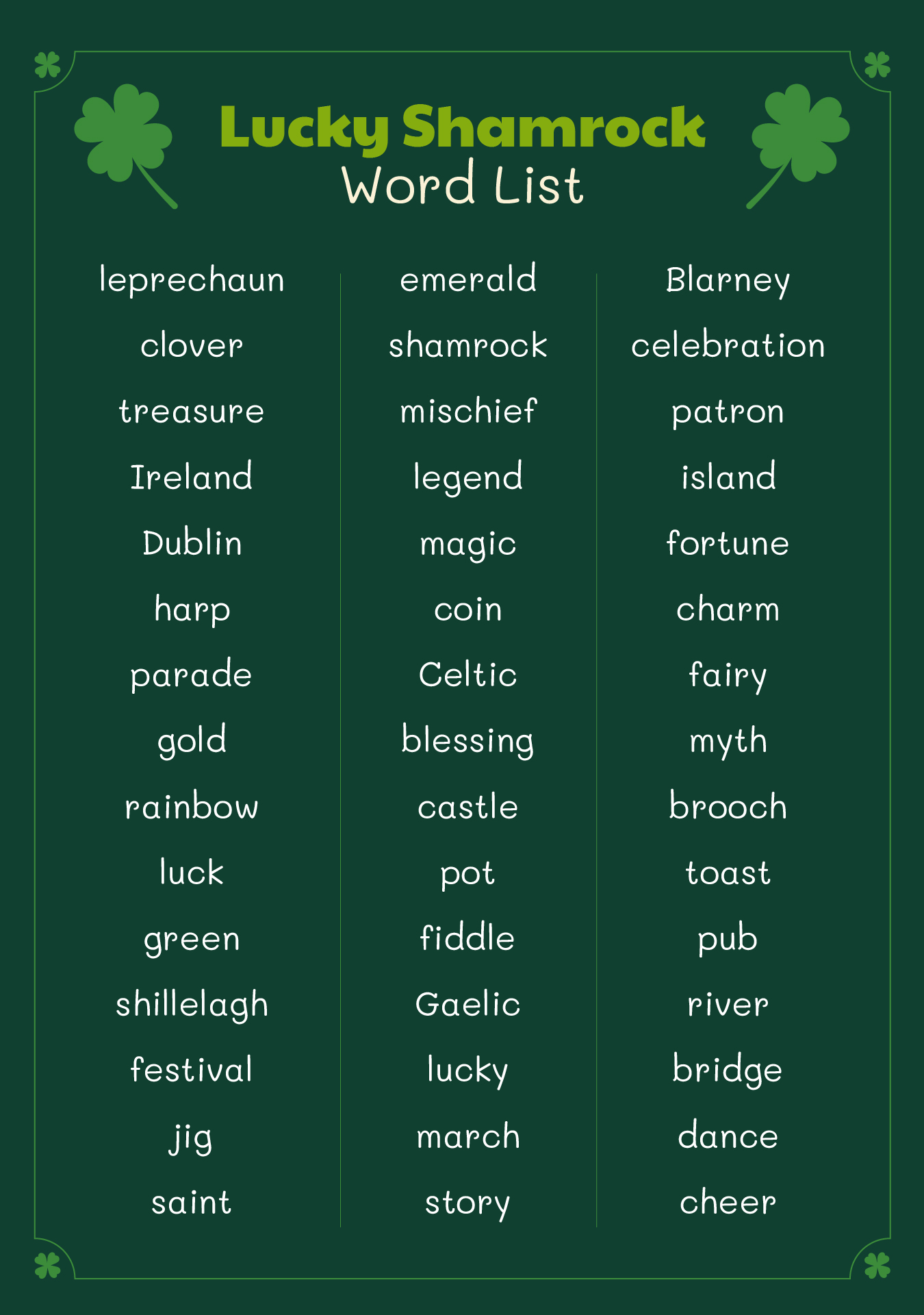 Lucky Shamrock Spelling Word List Lucky Shamrock Spelling Word List