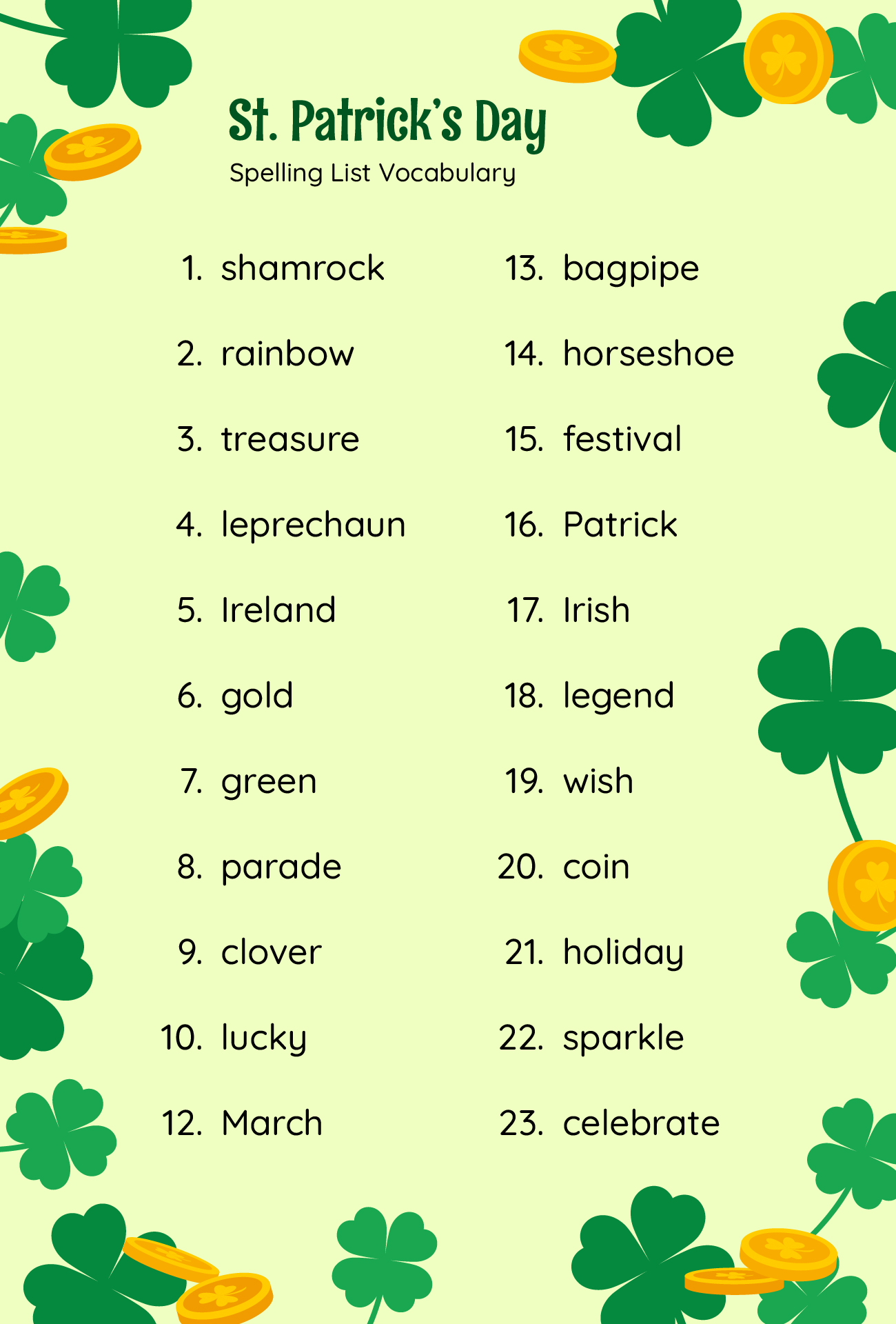 St Patrick Day Spelling List Vocabulary St Patrick Day Spelling List Vocabulary