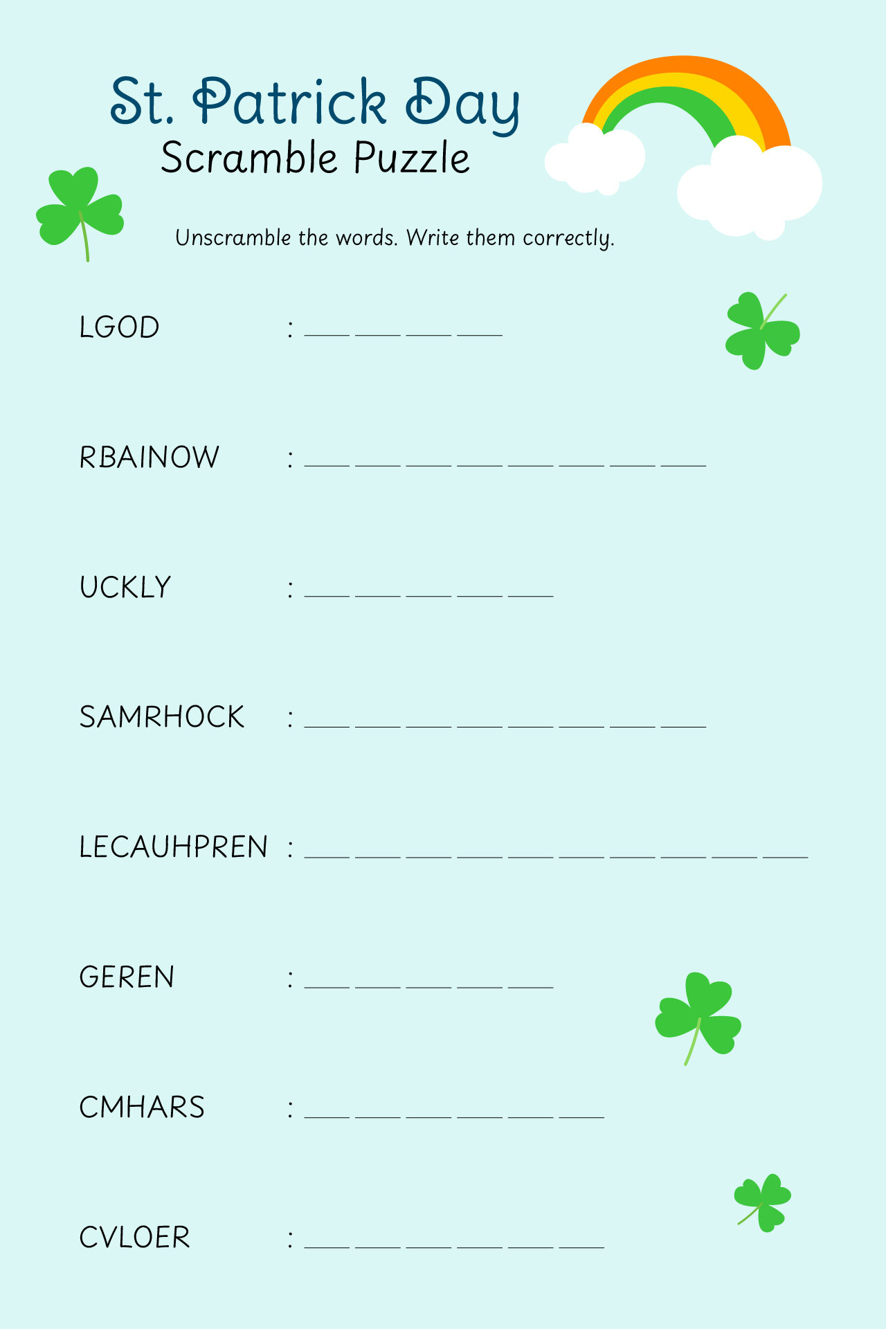 Scramble Puzzle Worksheet For St Patrick Day Scramble Puzzle Worksheet For St Patrick Day