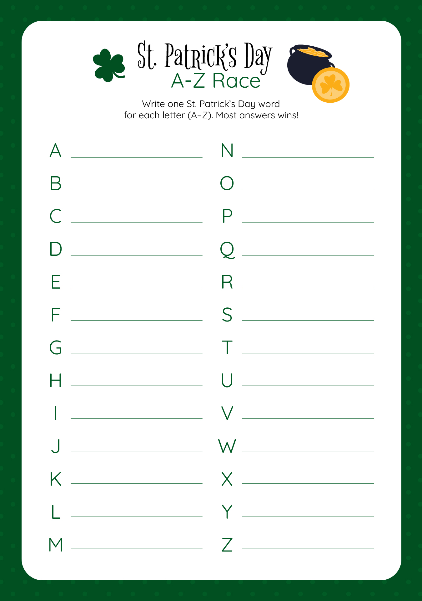 A-Z Word Race St Patricks Day Game