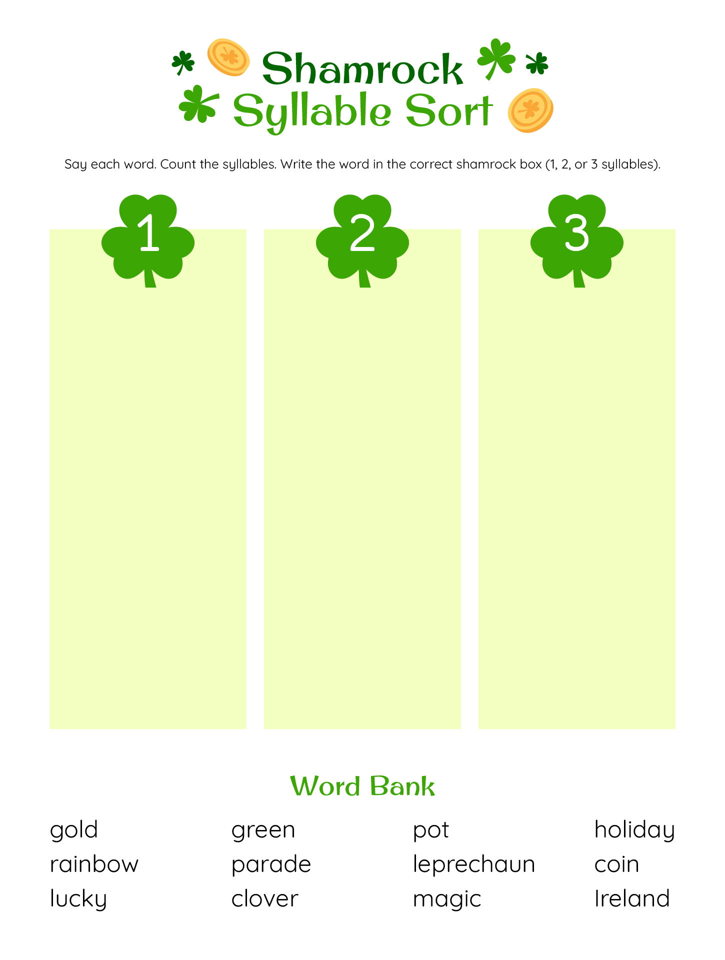 Shamrock Syllable Sorting Activity Shamrock Syllable Sorting Activity