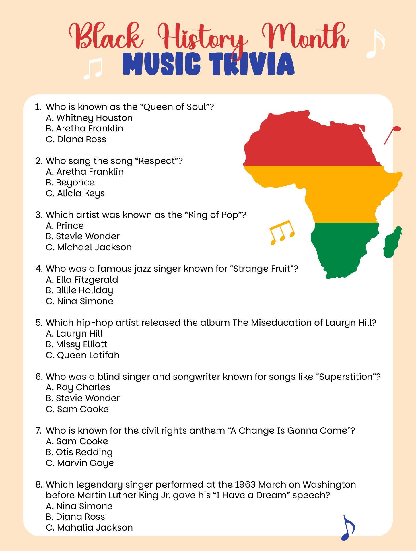 Black History Month Music Trivia Game Printable