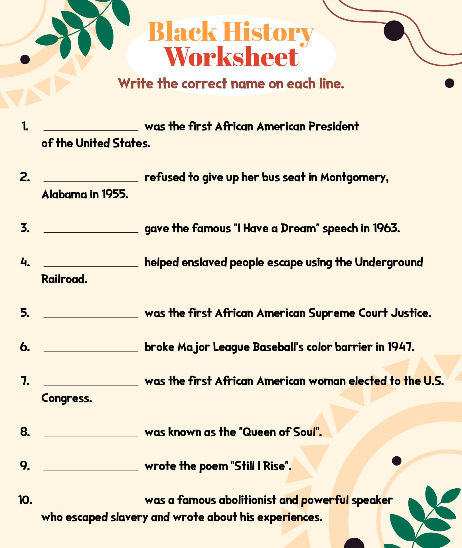 Black History Facts Worksheet