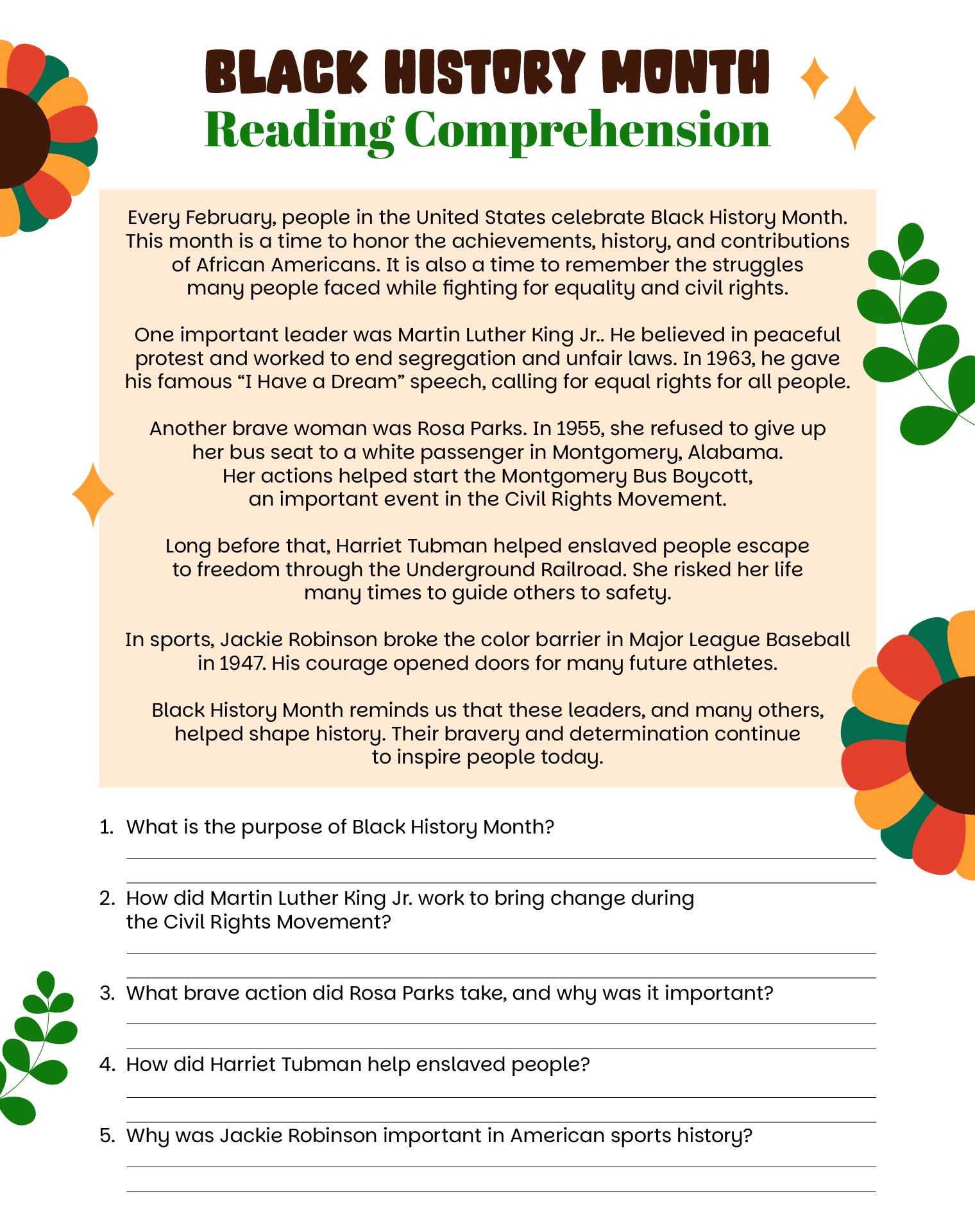 Black History Month Reading Comprehension Questions