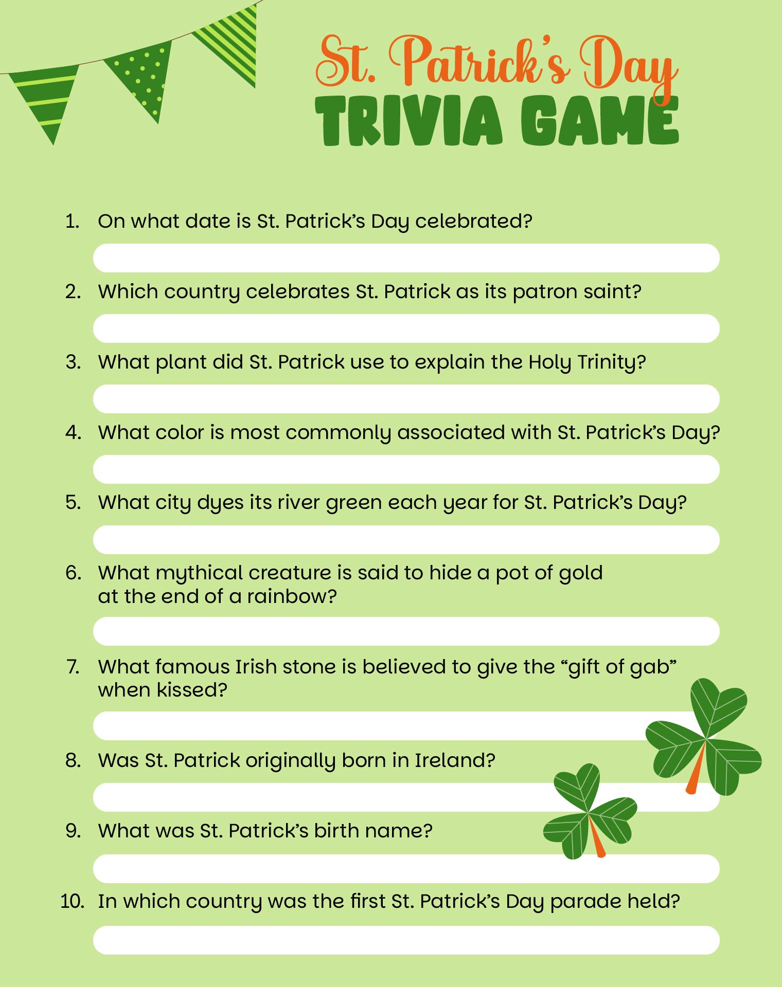 St Patricks Day Trivia Game Printable