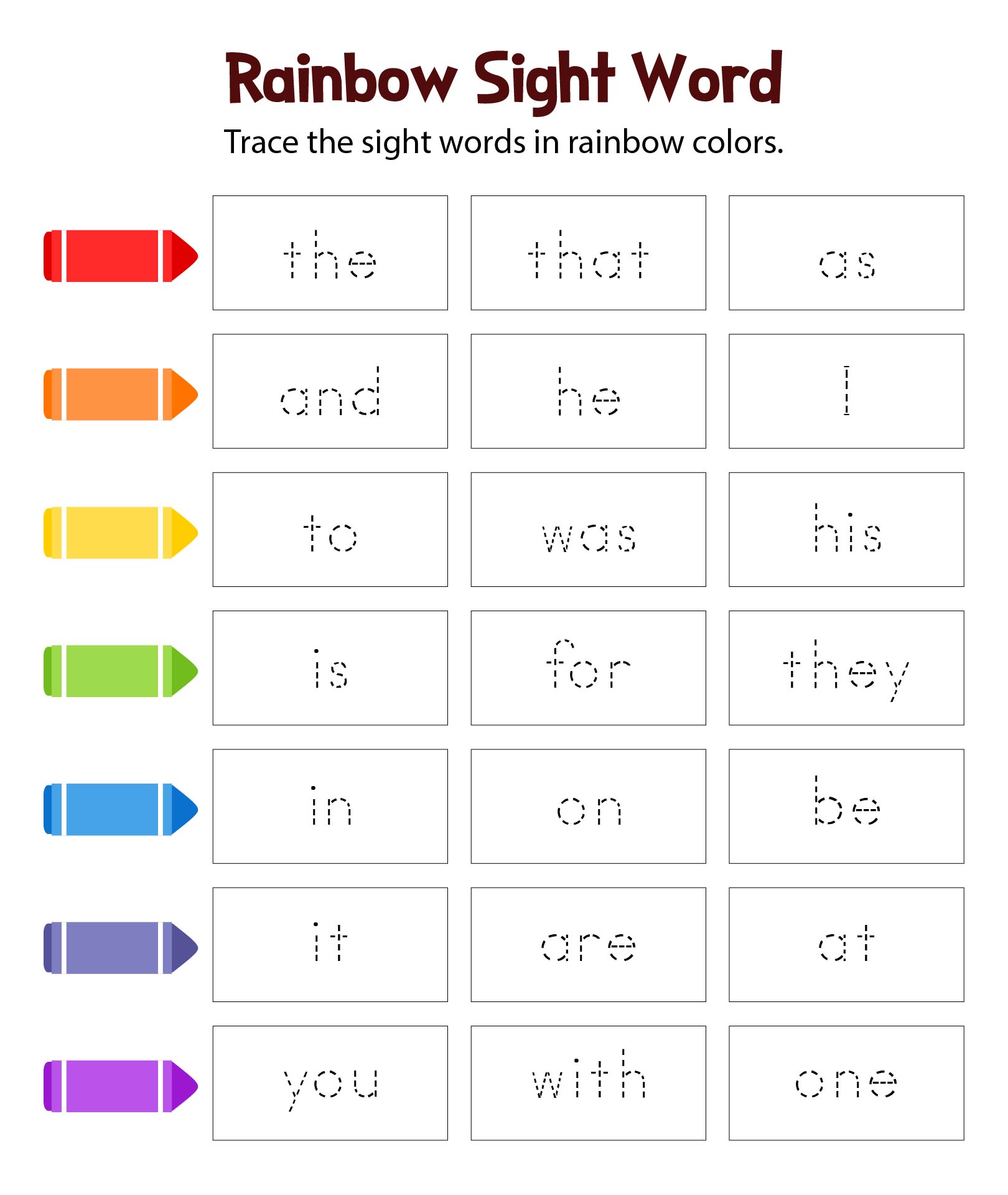 Rainbow Sight Word Printable