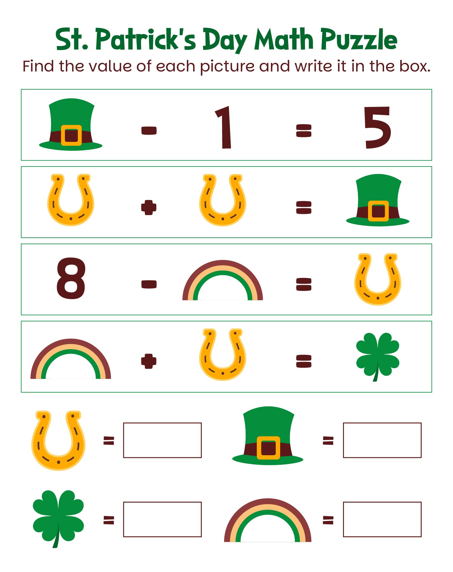 St Patrick Math Puzzle Addition Substraction Within 10 St Patrick Math Puzzle Addition Substraction Within 10