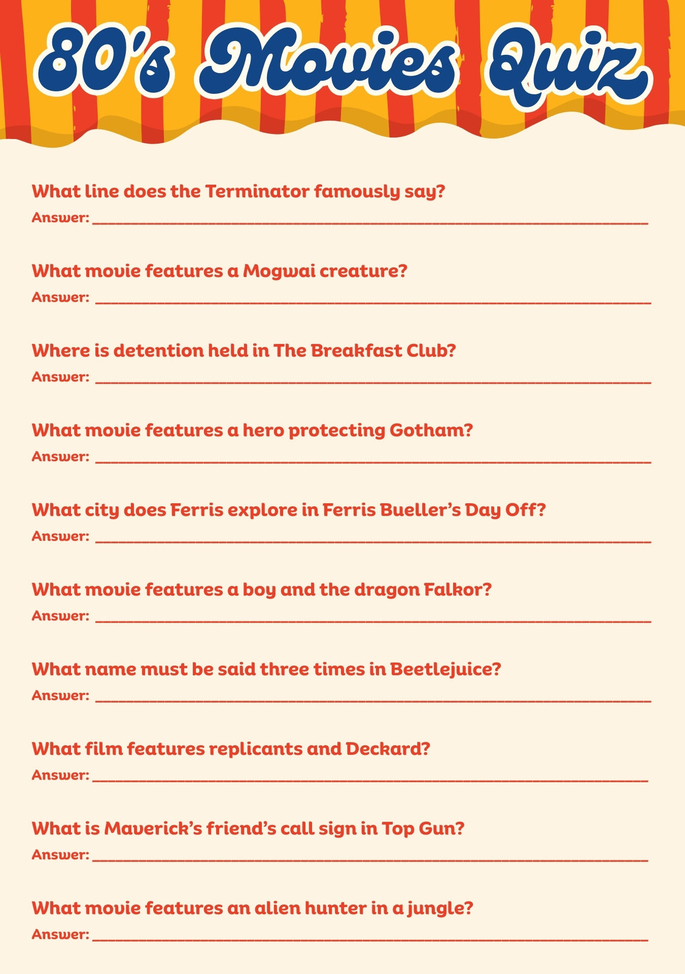 80s Film Trivia Game Print Version 80s Film Trivia Game Print Version