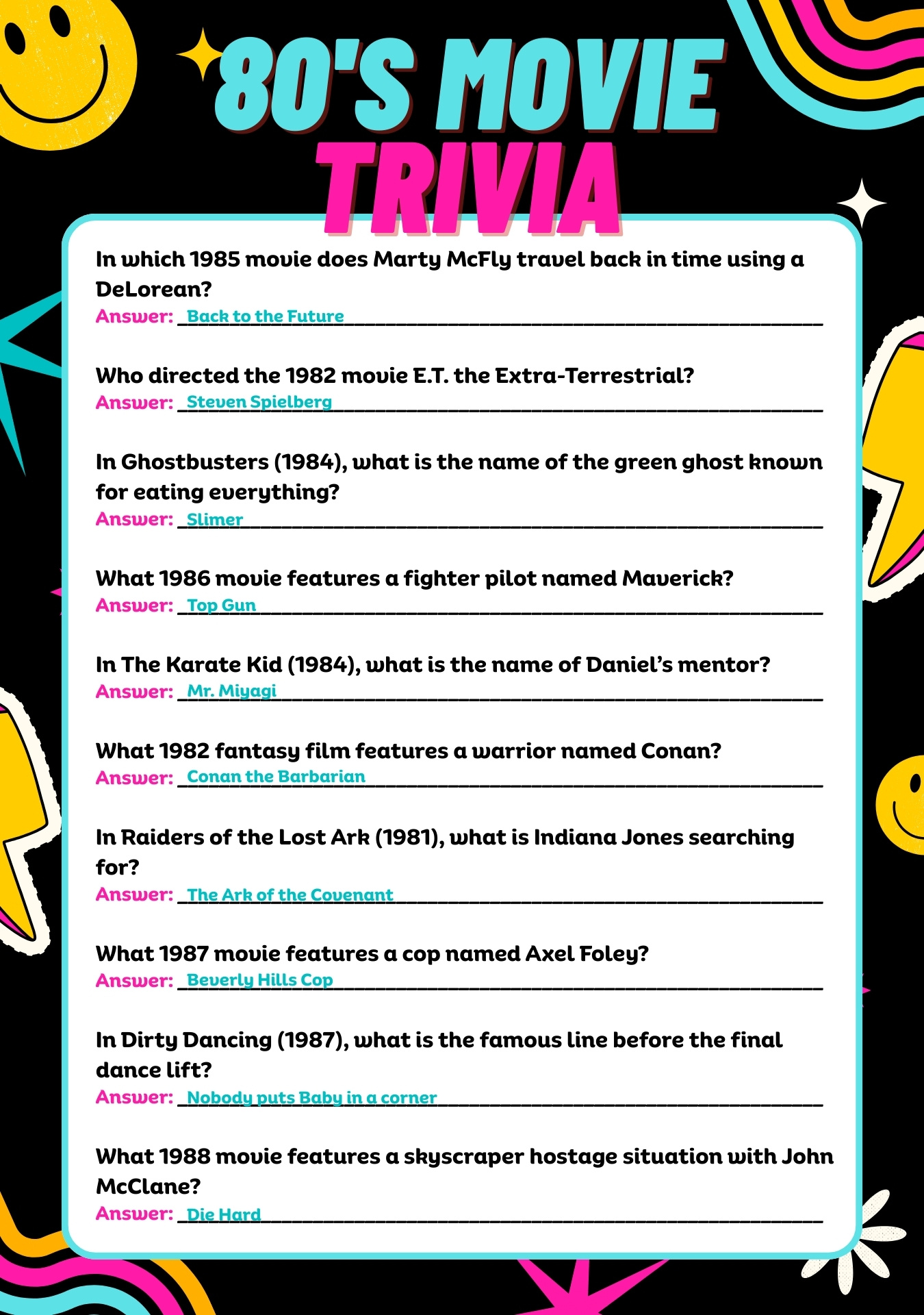 80s Movie Trivia Questions and Answers Sheet 80s Movie Trivia Questions and Answers Sheet