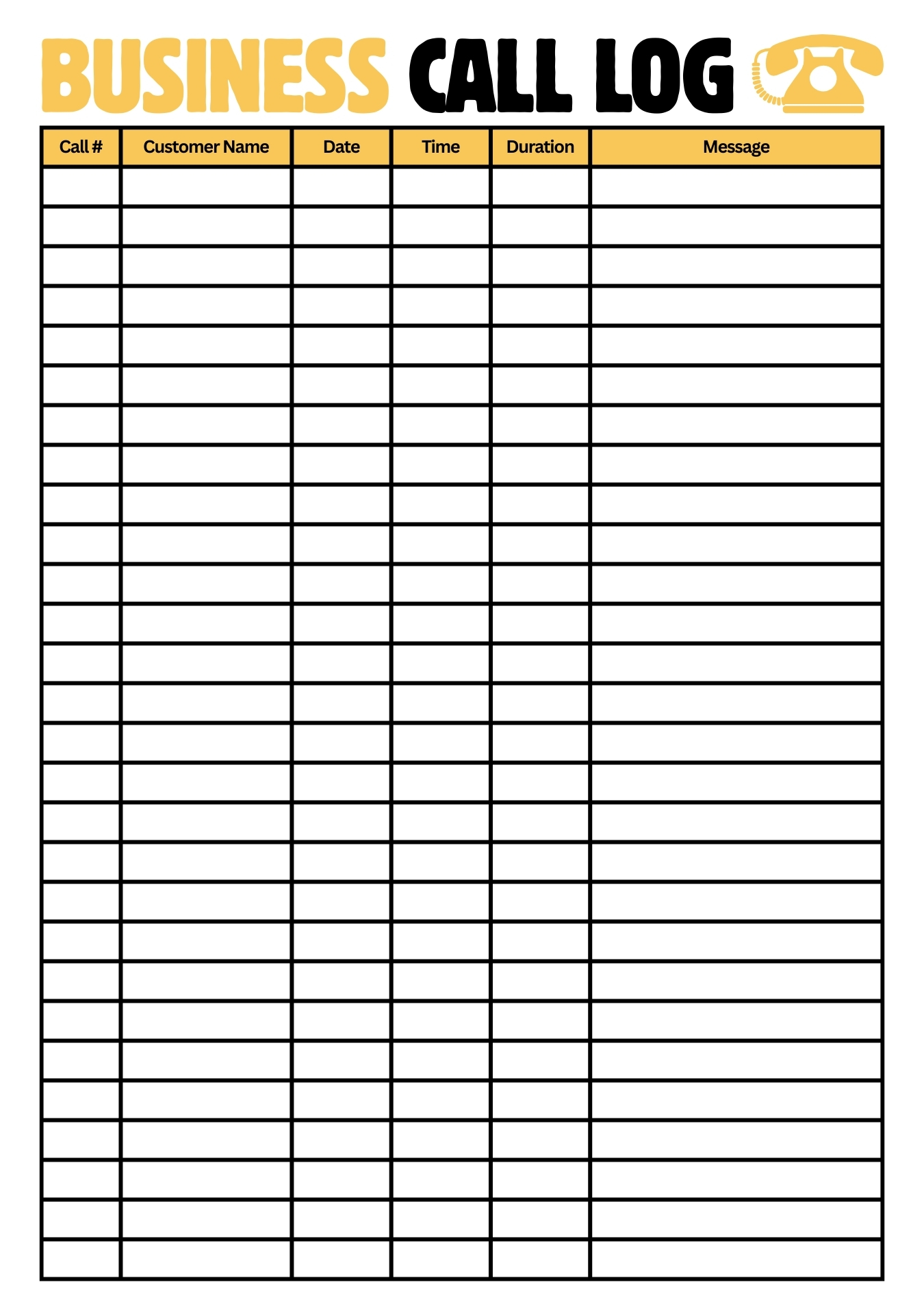 Business Call Log Sheet Printable
