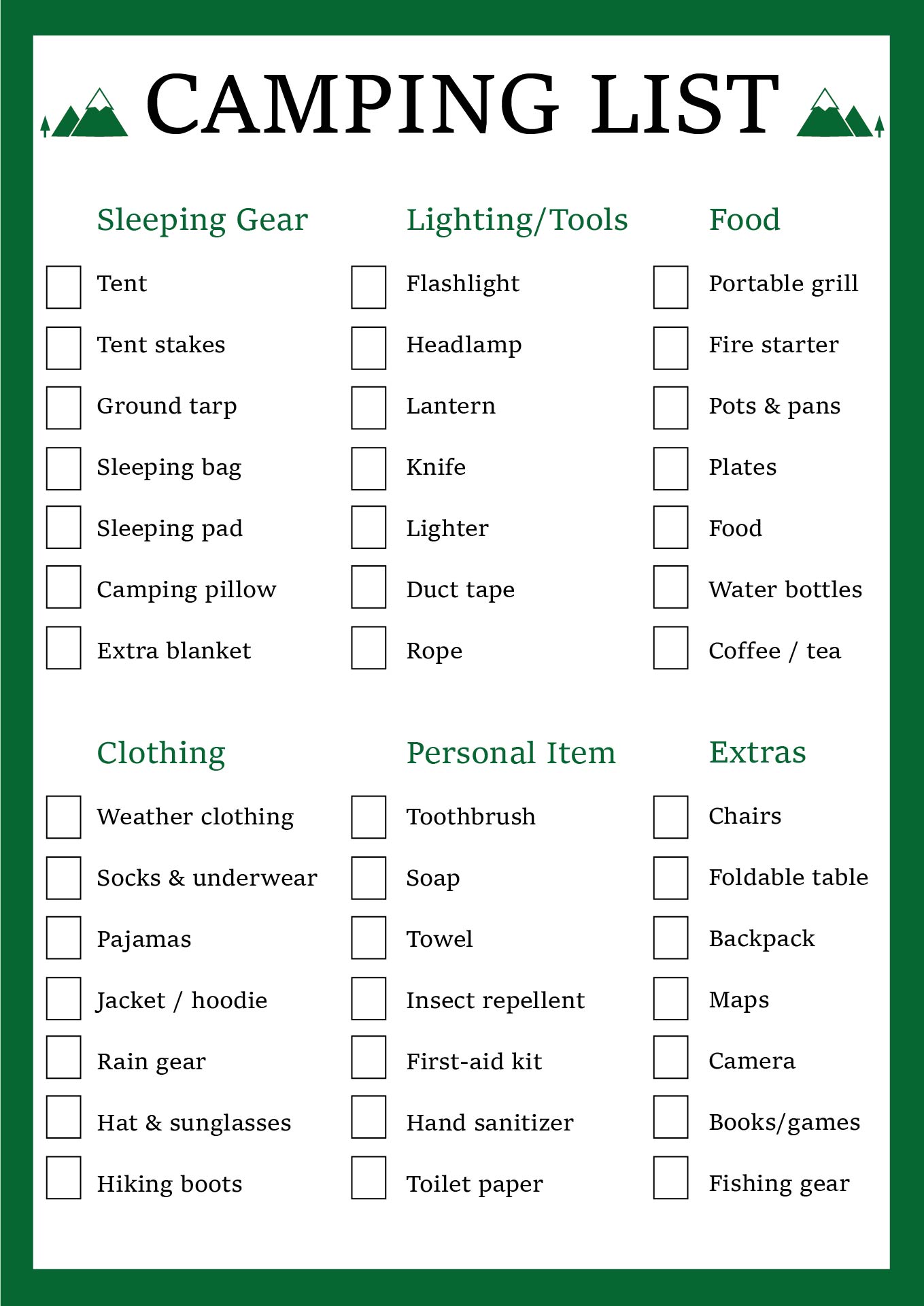 Camping Checklist Printables