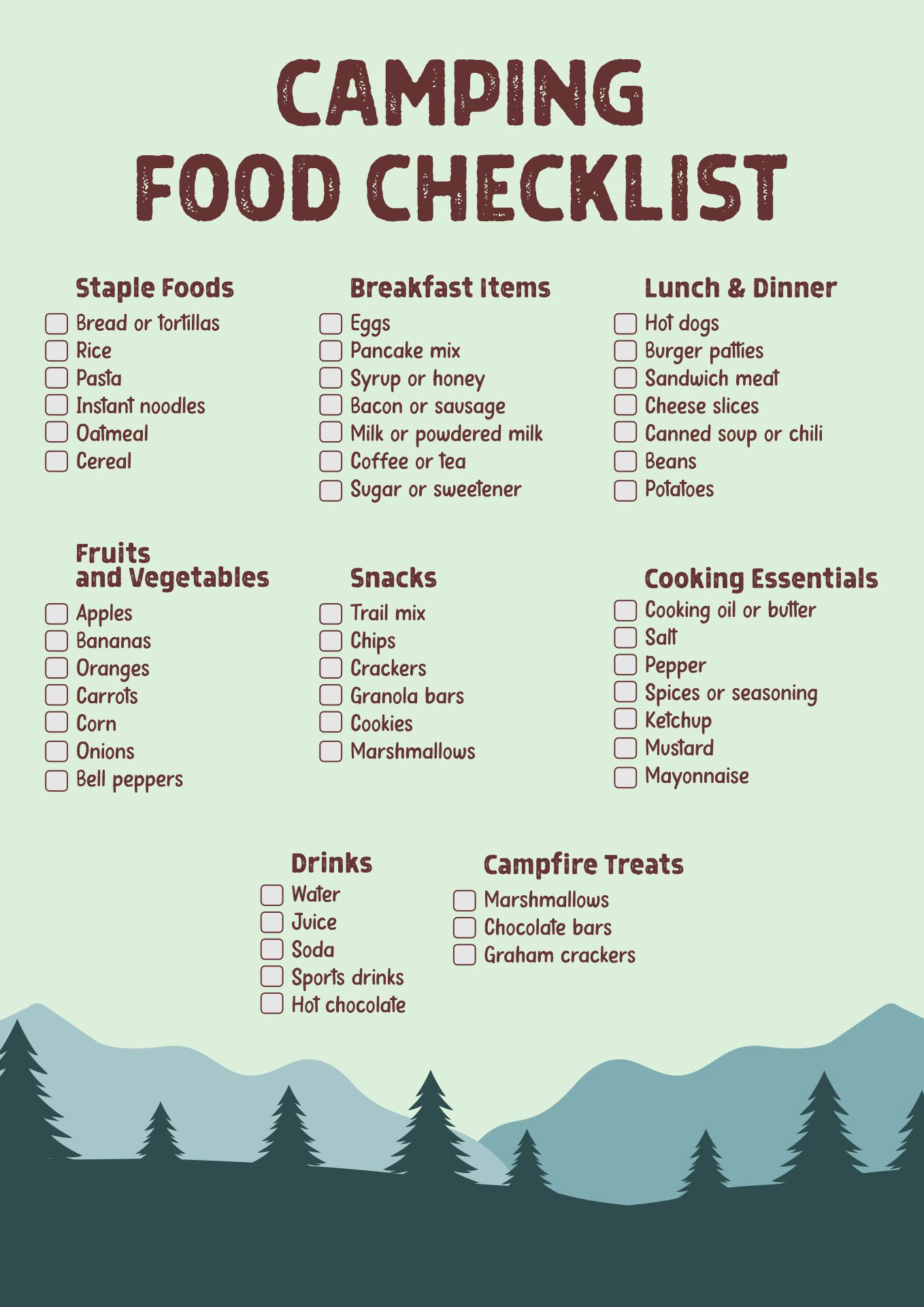 Camping Food Checklist Printable Camping Food Checklist Printable