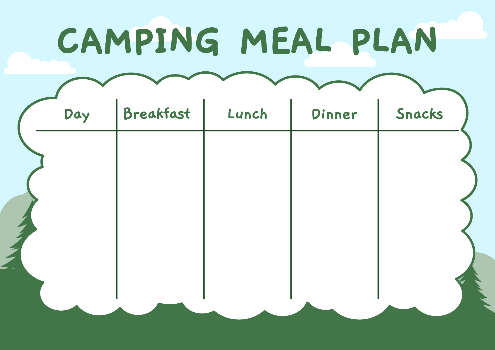 Camping Menu Planner for Kids Camping Menu Planner for Kids