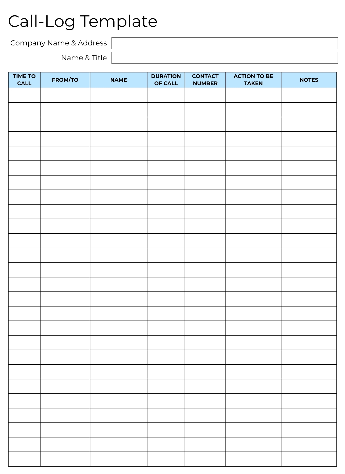 Customer Service Call Tracking Log Printable