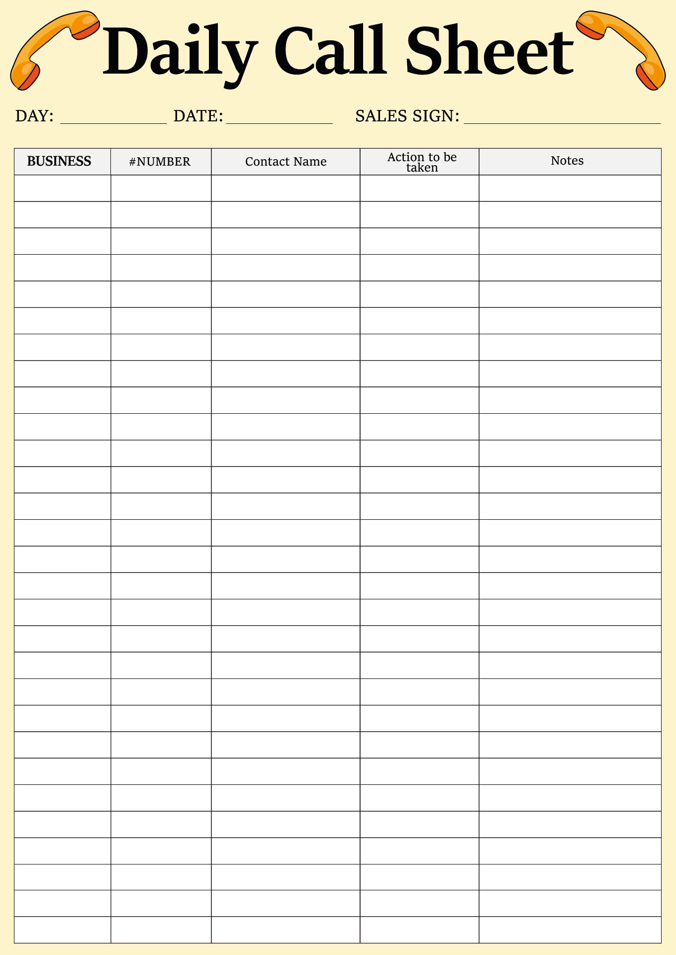 Daily Call Log Sheet Printable