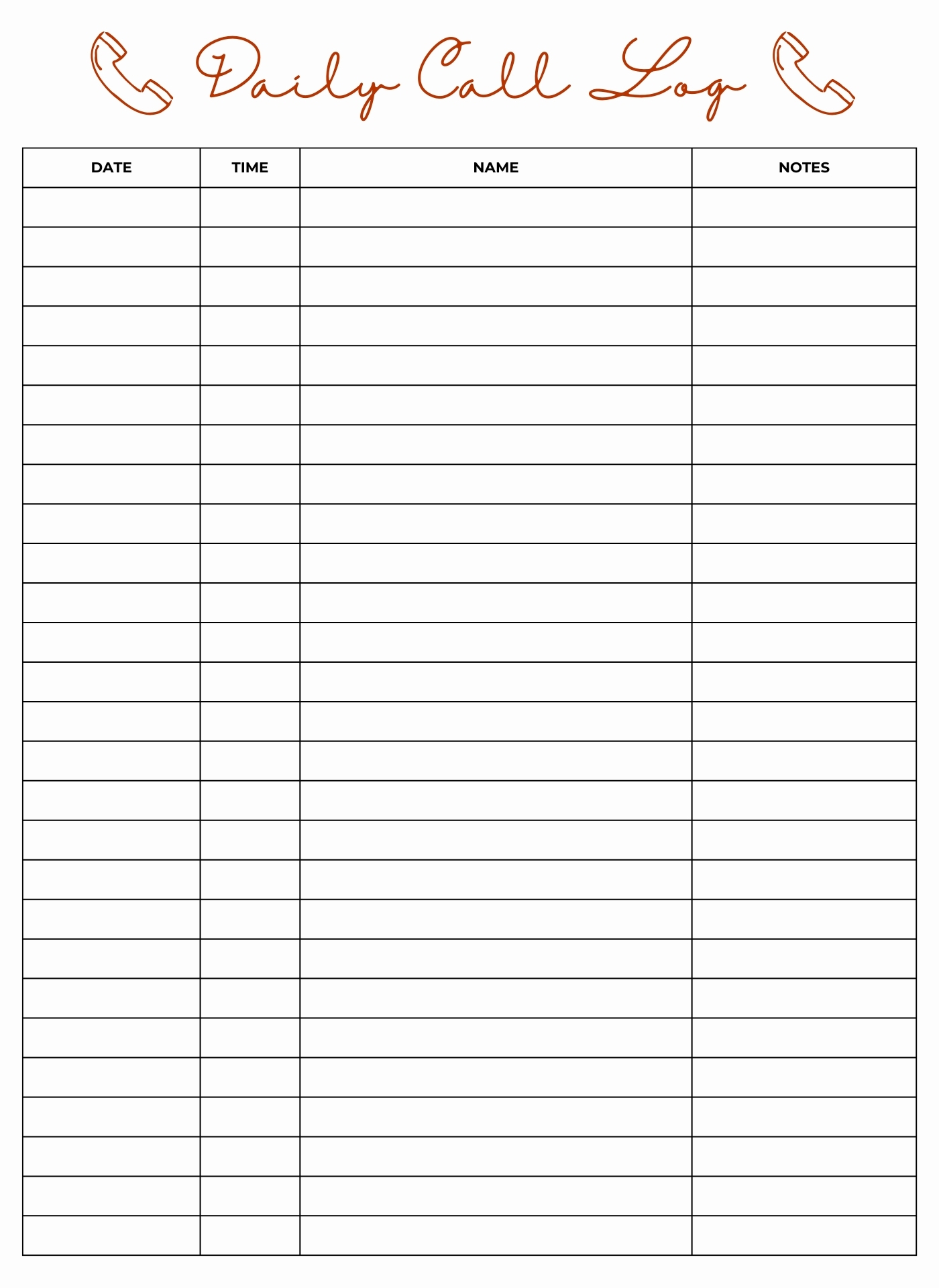 Daily Incoming Call Log Printable