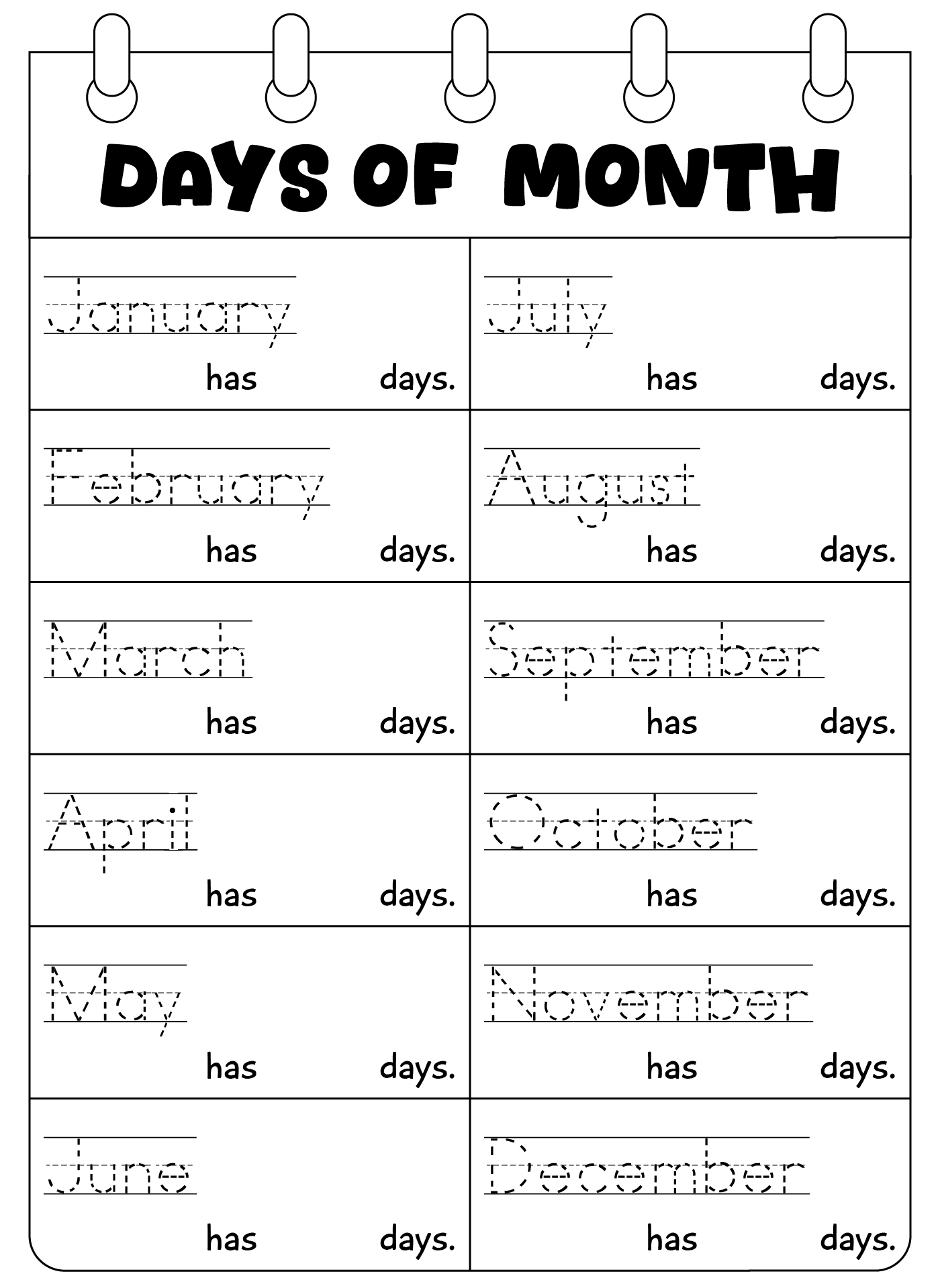 Educational Tracing Days of Month Activities Educational Tracing Days of Month Activities