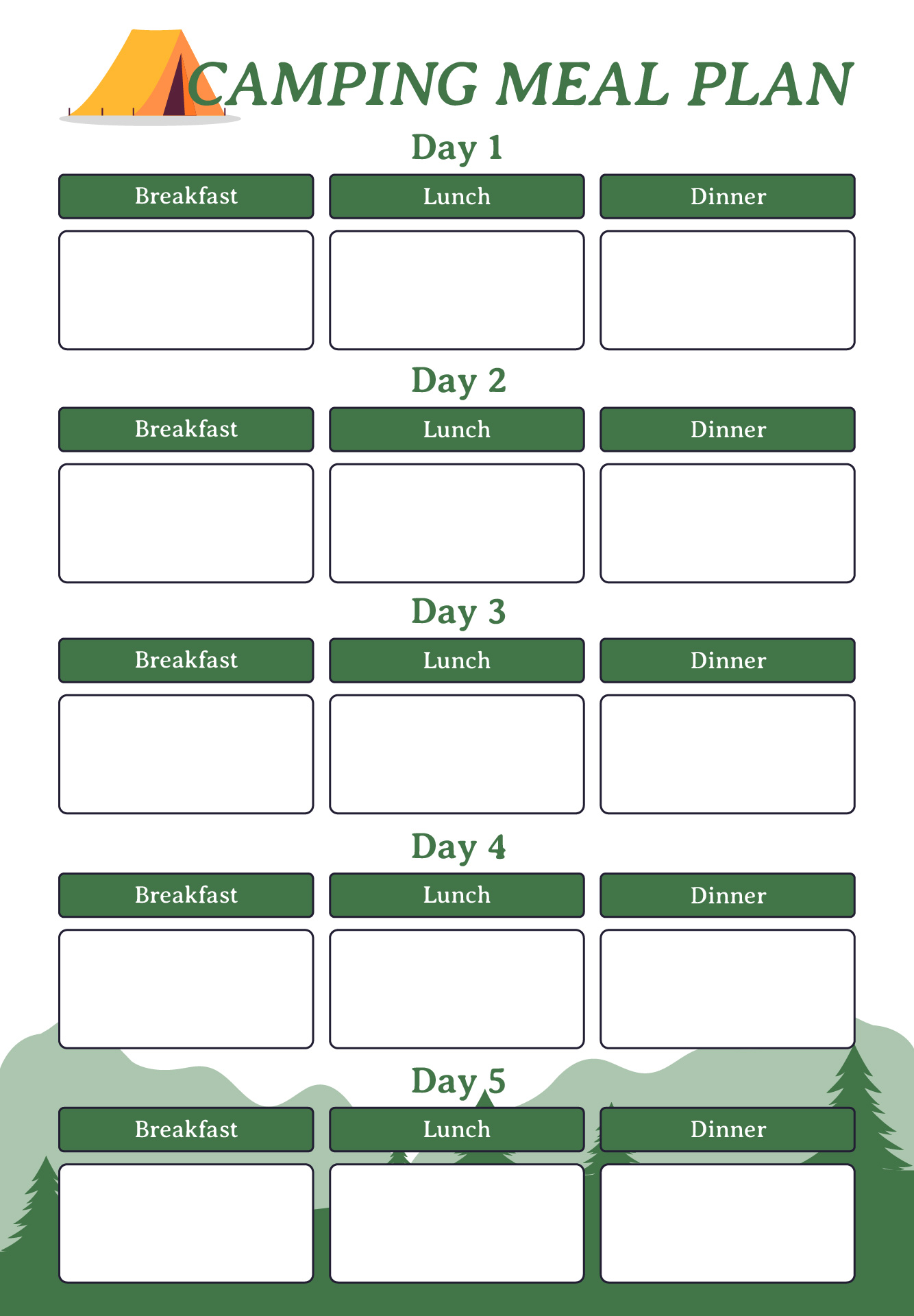 Family Camping Trip Meal Planner Printable Family Camping Trip Meal Planner Printable