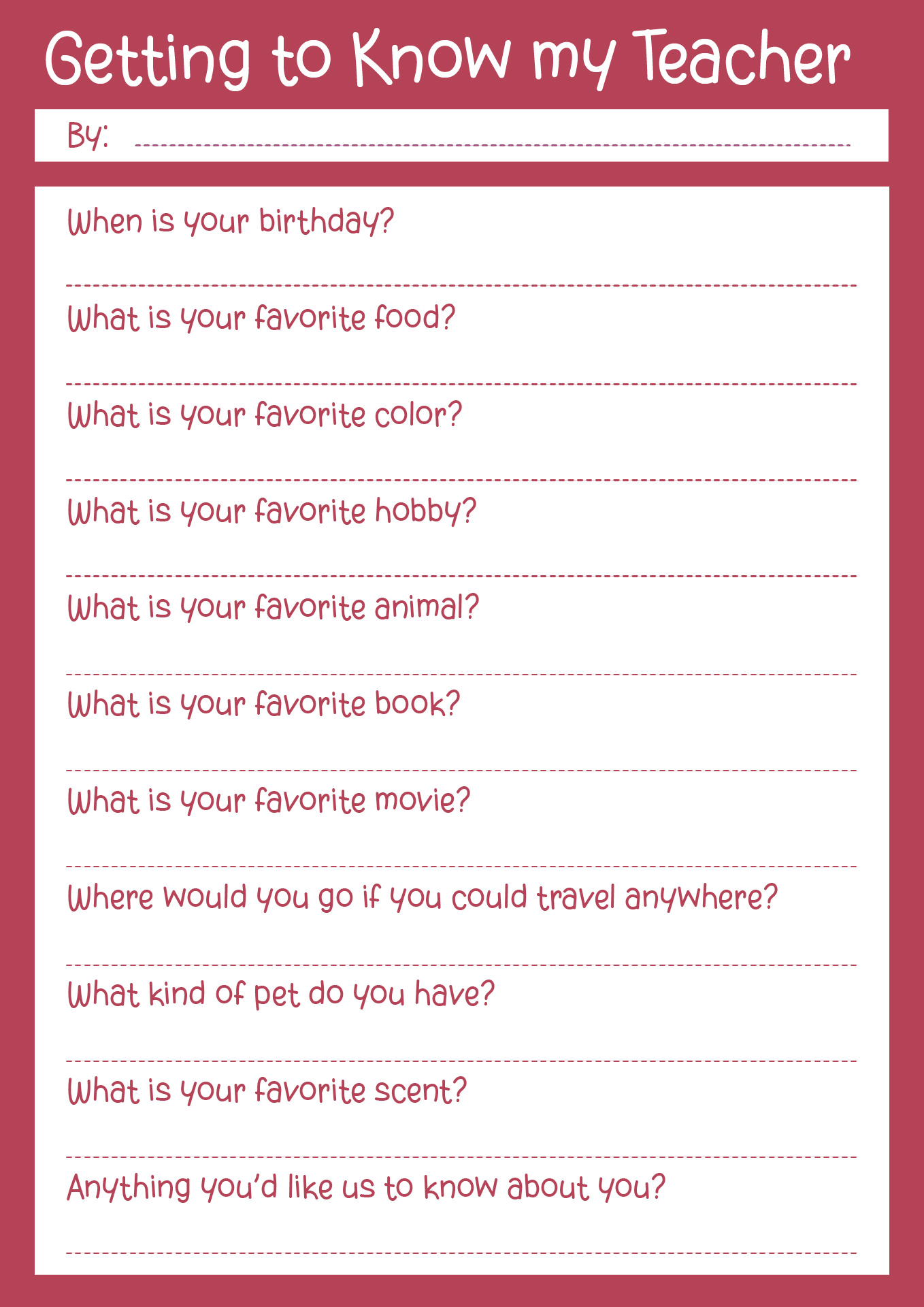 Get to Know Your Teacher Information Form Printable