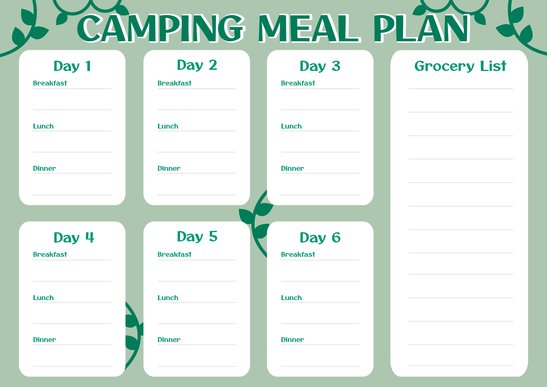 Group Camping Menu Organizer Printable Group Camping Menu Organizer Printable