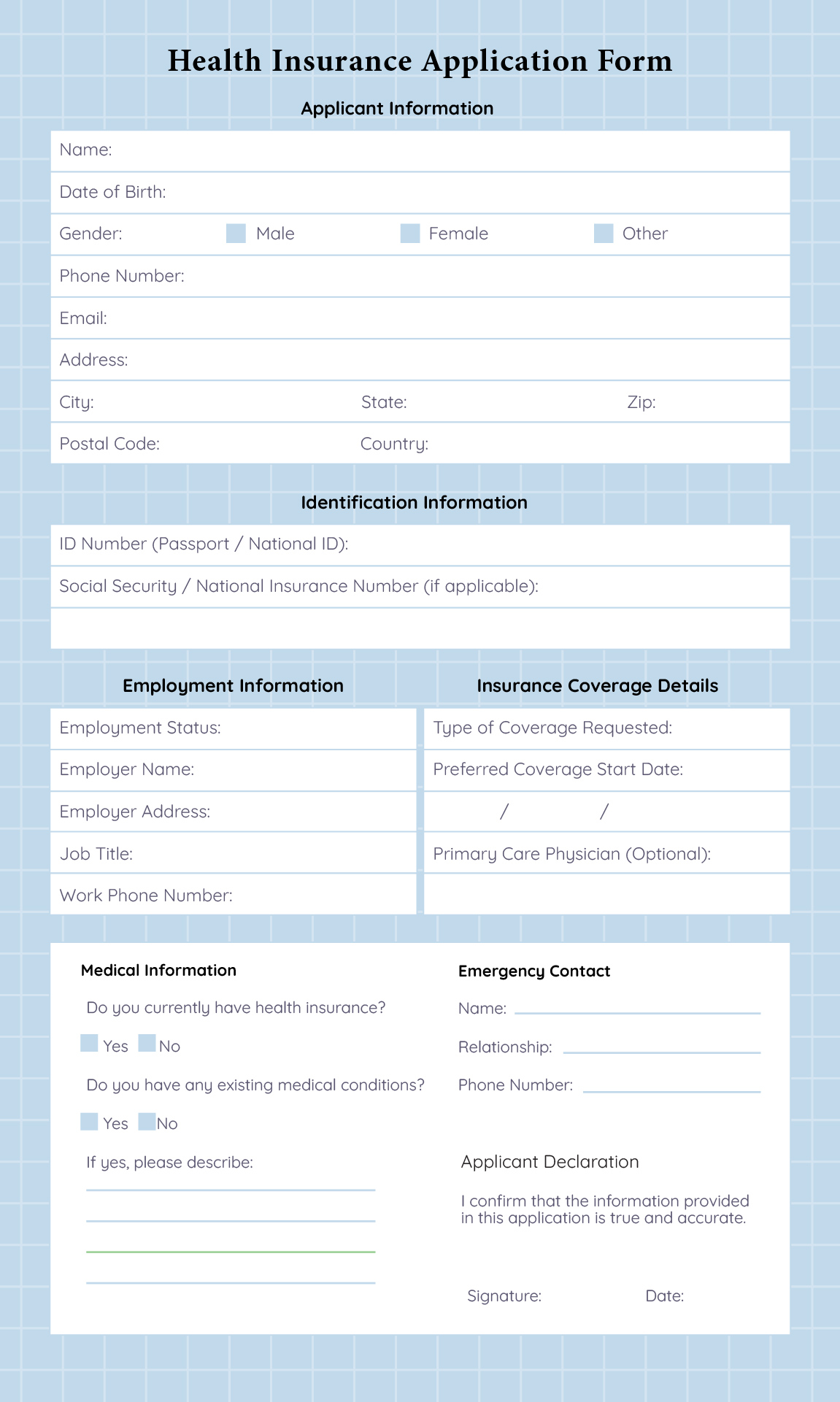 Health Insurance Application Forms Printable