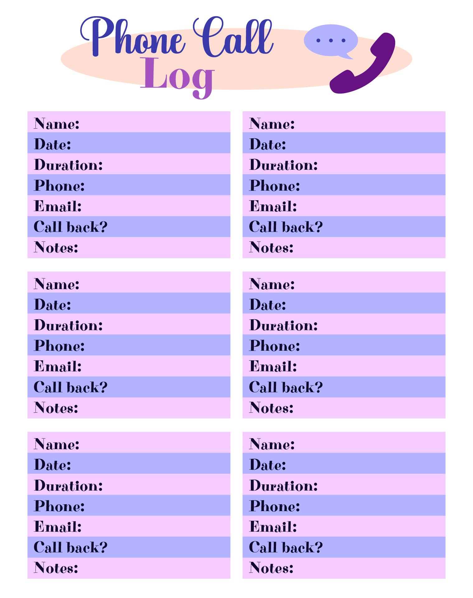Home Office Phone Call Log Printable