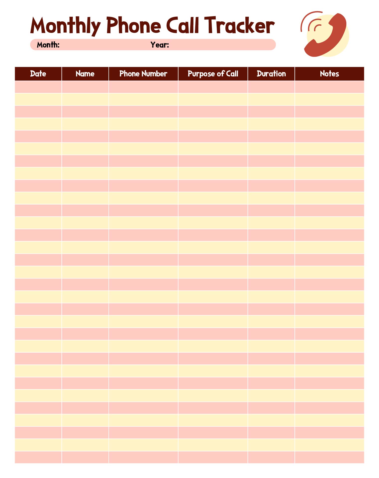 Monthly Phone Call Tracker Printable
