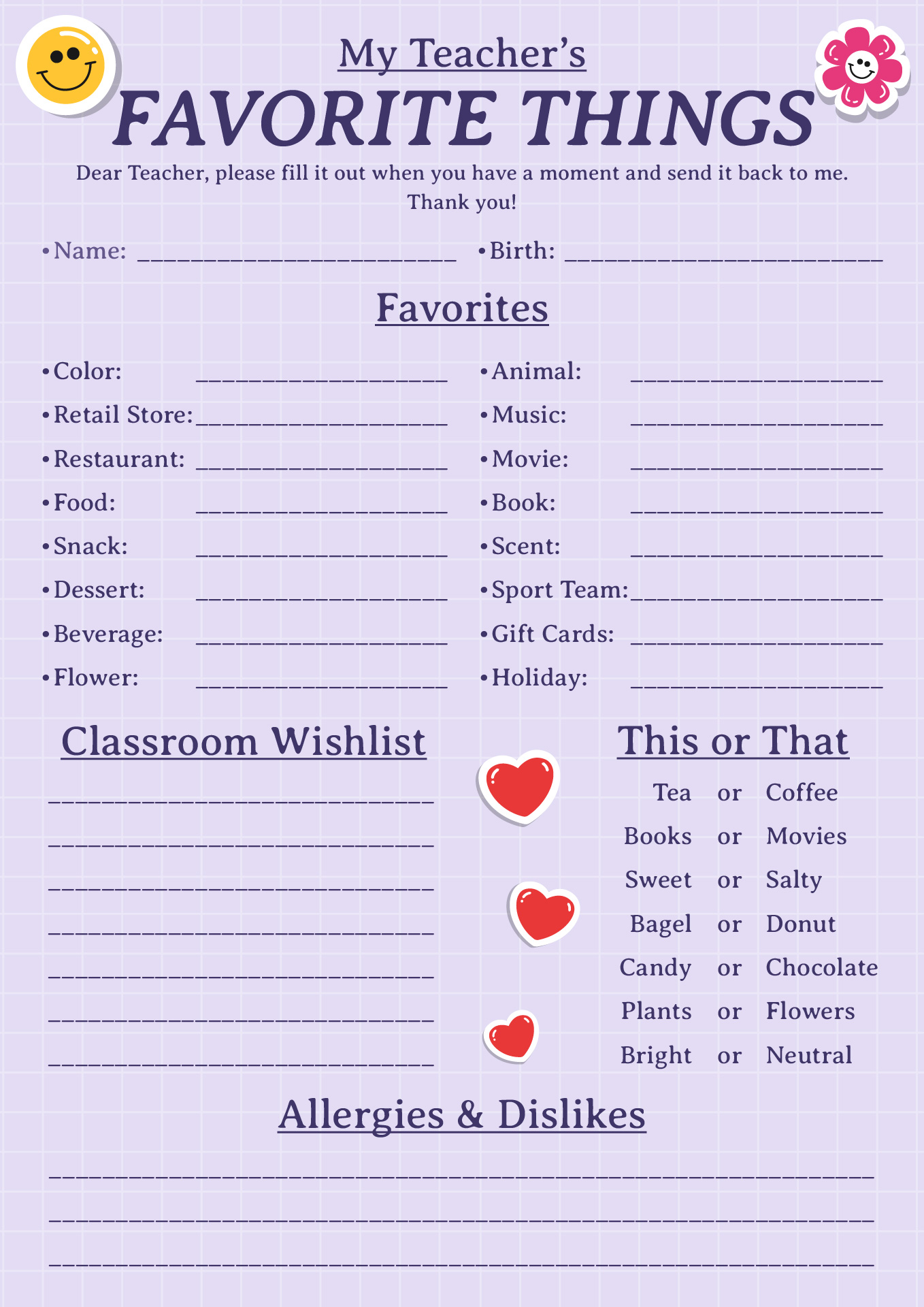 My Favorite Things Teacher Edition Printable Form