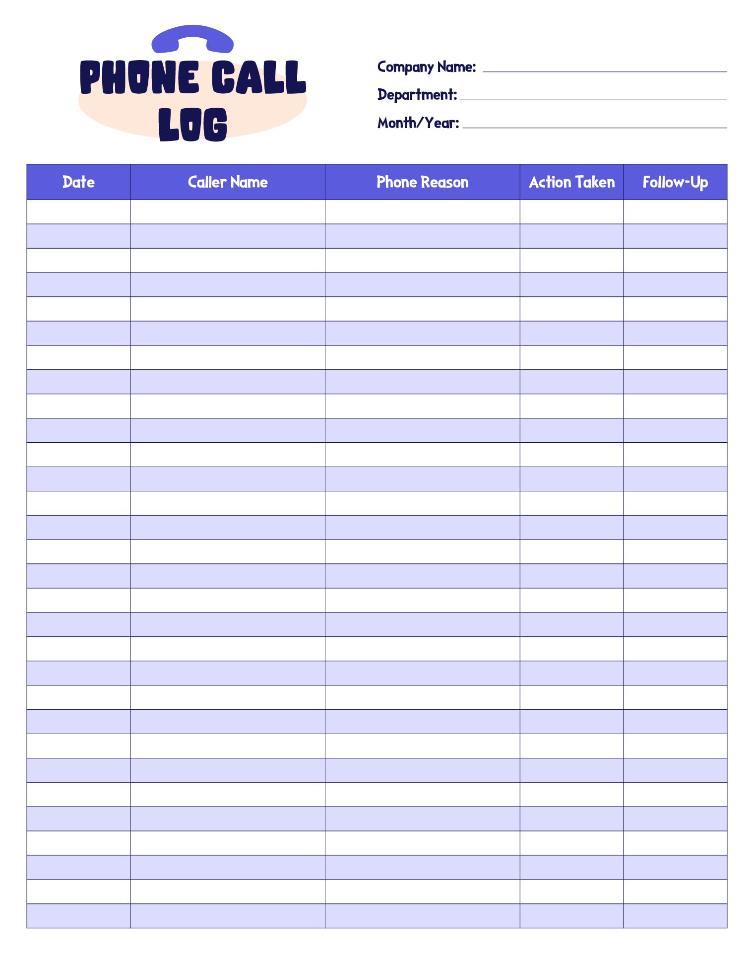 Printable Business Phone Call Log
