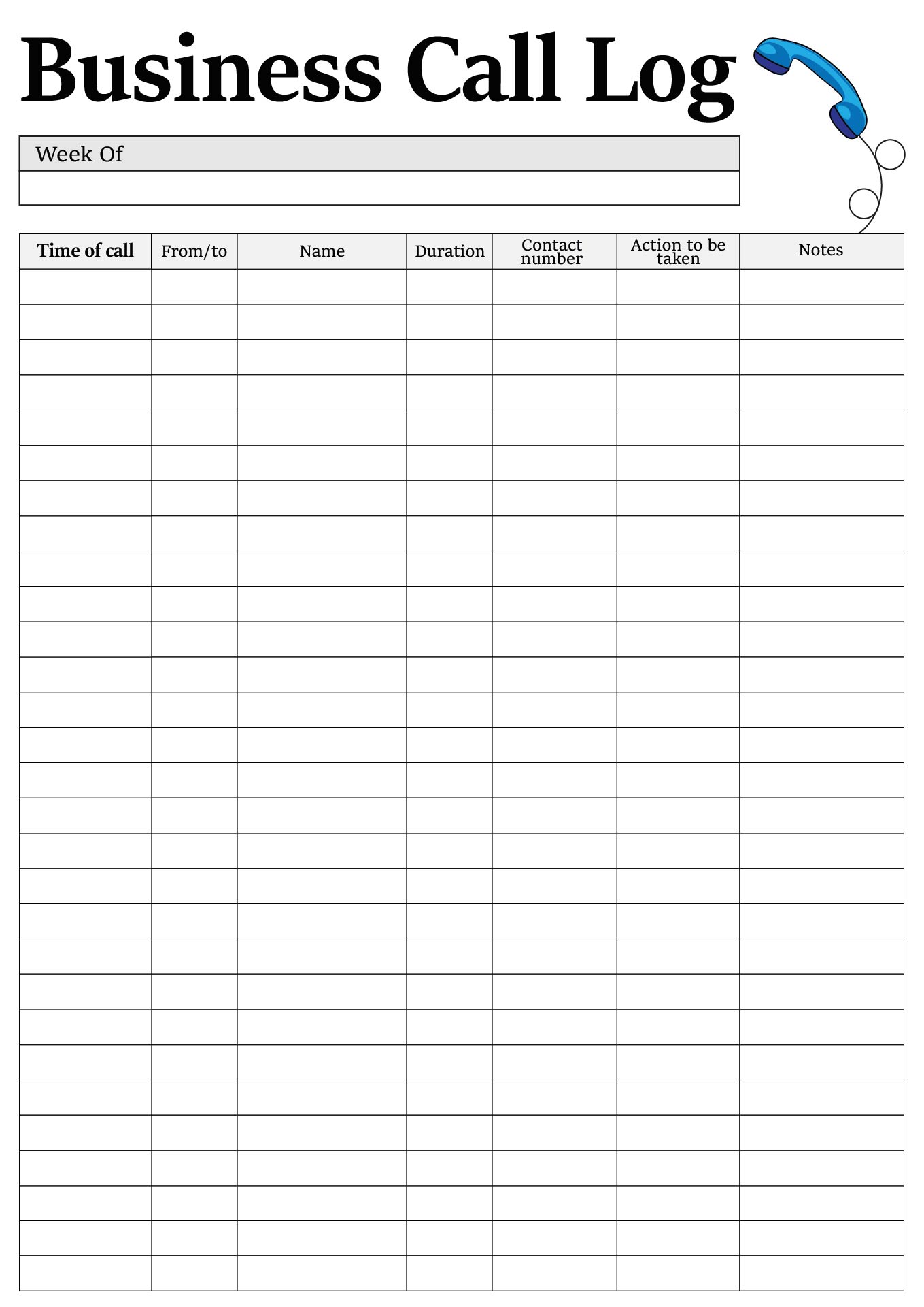 Printable Call Log Sheet for Business