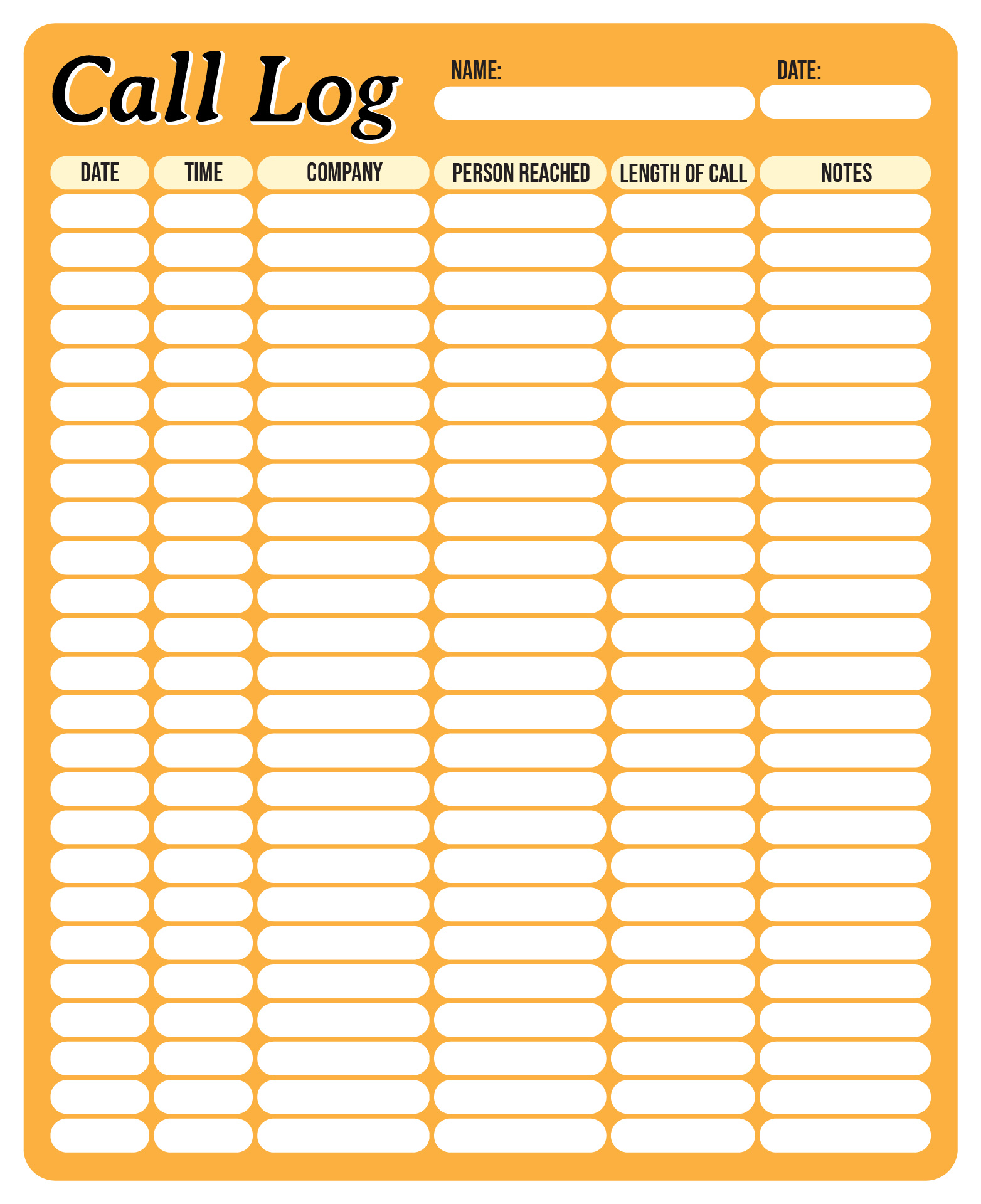 Printable Call Log Sheet for Customer Service