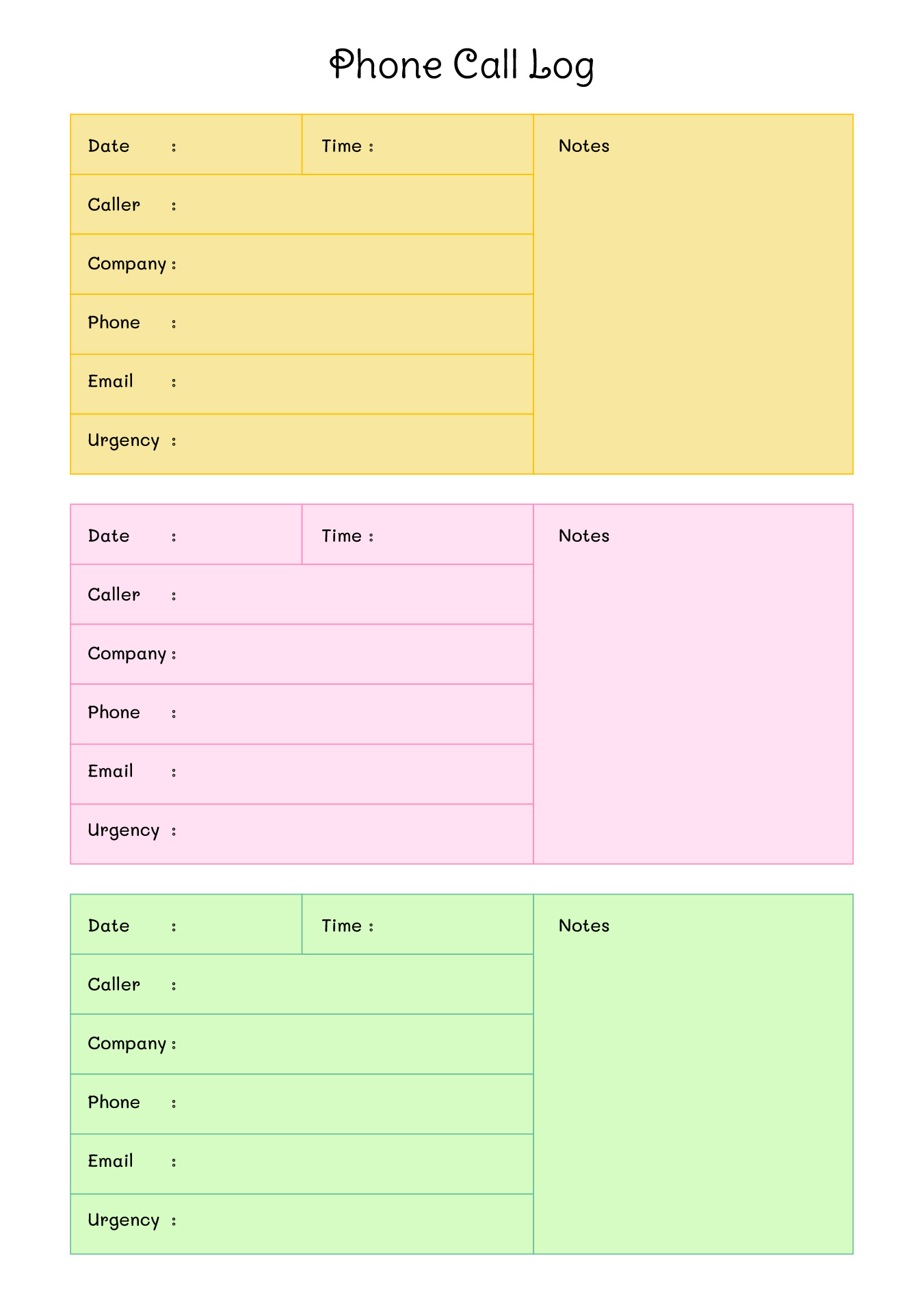 Printable Call Management Record Sheet
