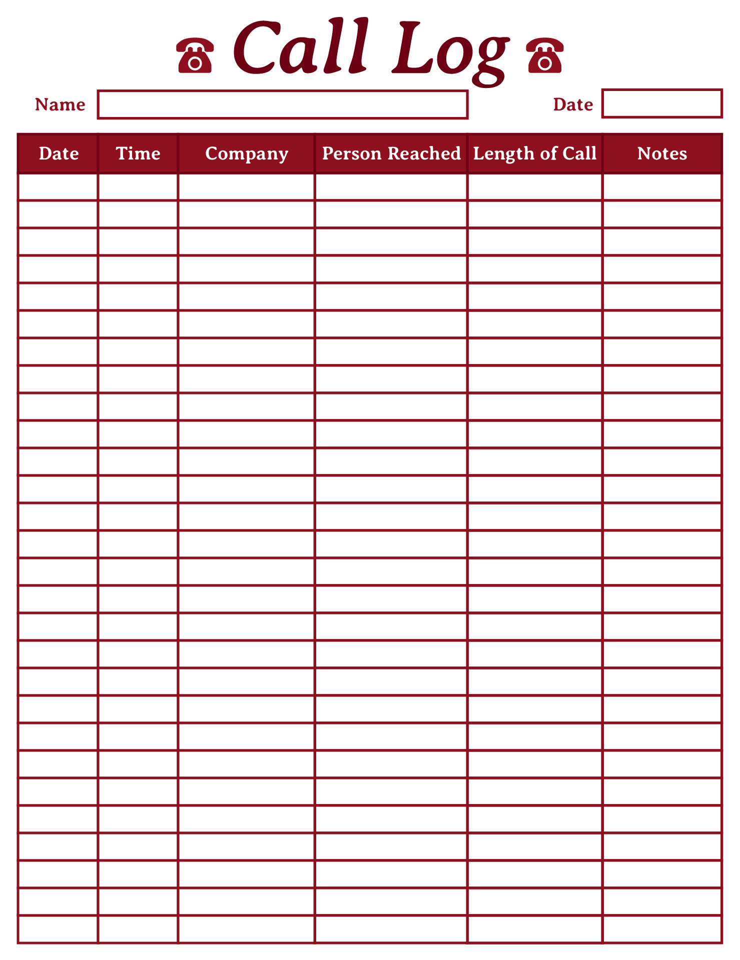 Printable Daily Call Log Sheet for Business