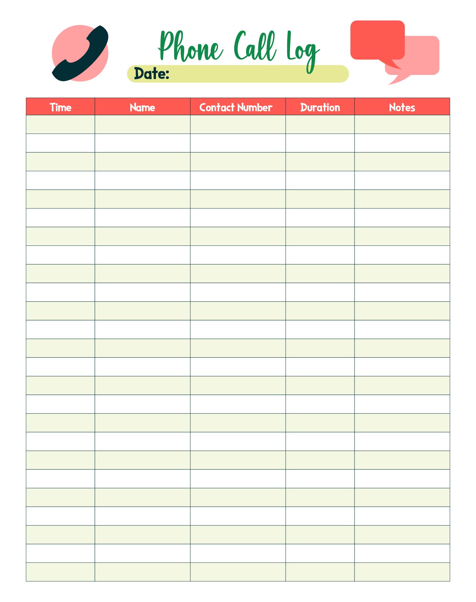Printable Daily Phone Call Log Sheet