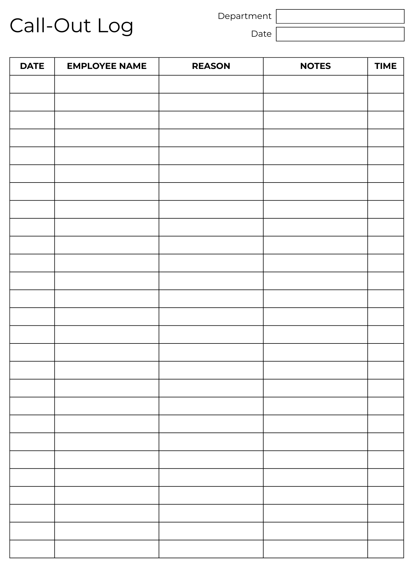 Printable Employee Call Off Log