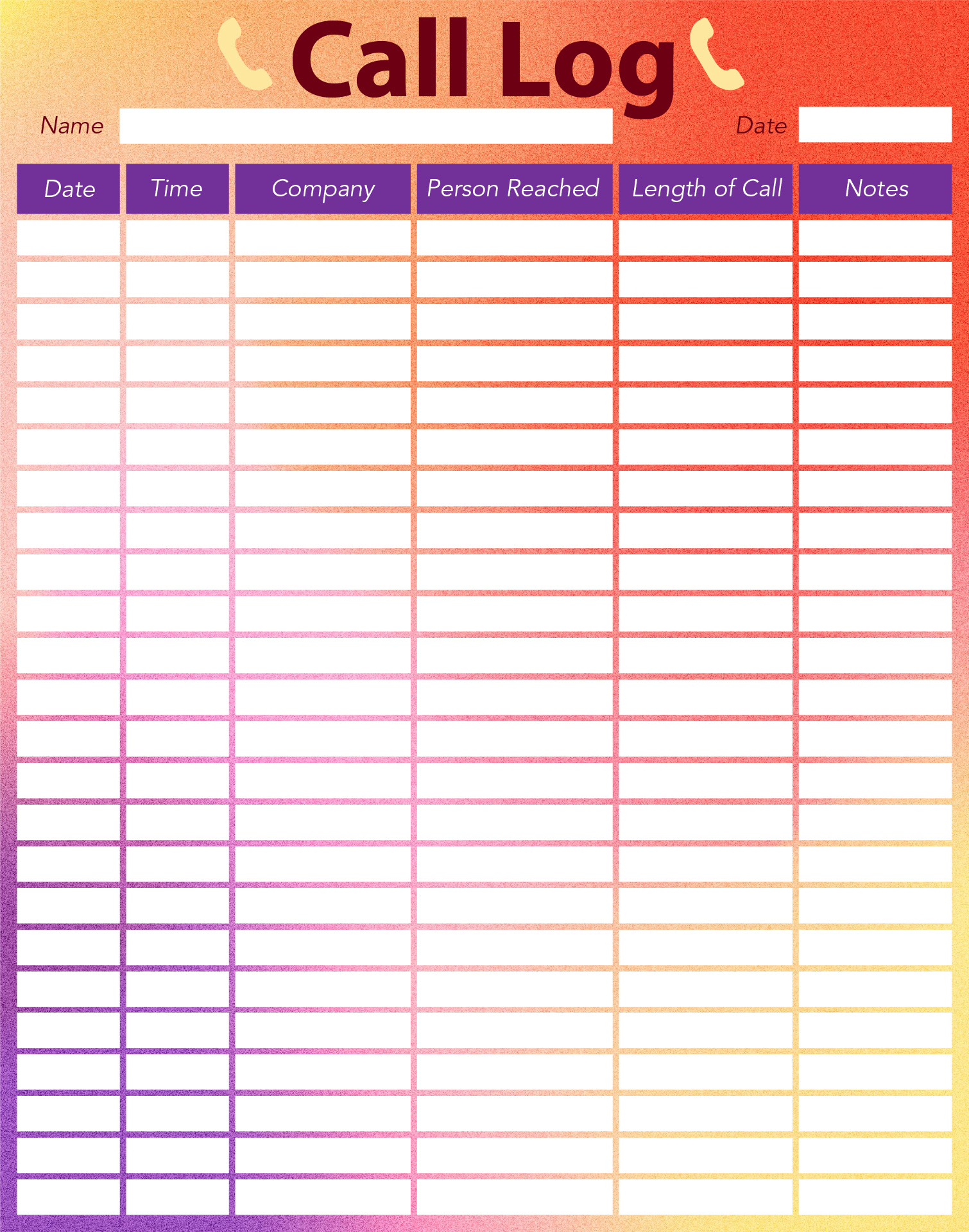 Printable Phone Call Log Sheet for Office Use