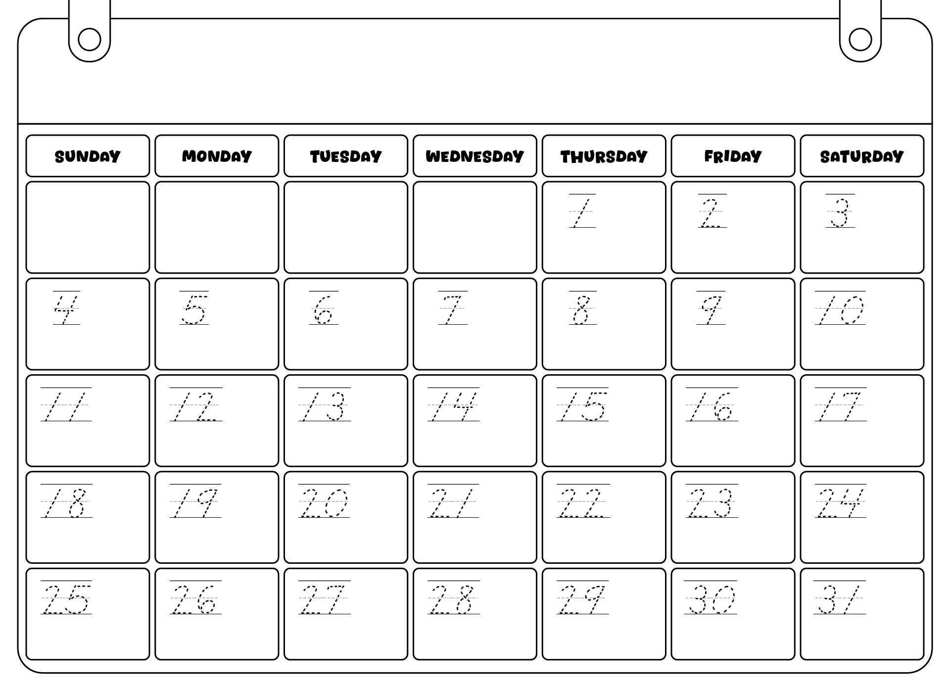 Printable Tracing Calendar for Kids Printable Tracing Calendar for Kids