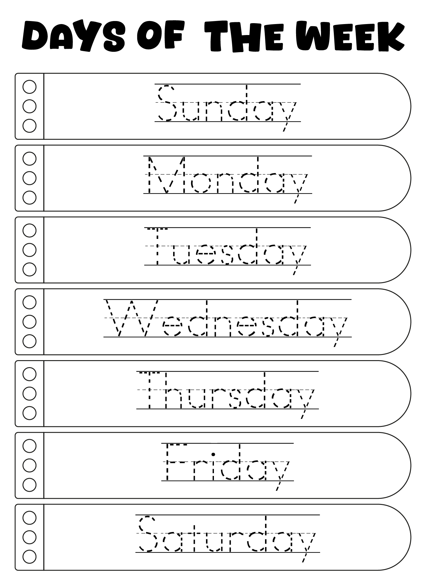 Printable Tracing Days Worksheets for Kindergarten Printable Tracing Days Worksheets for Kindergarten