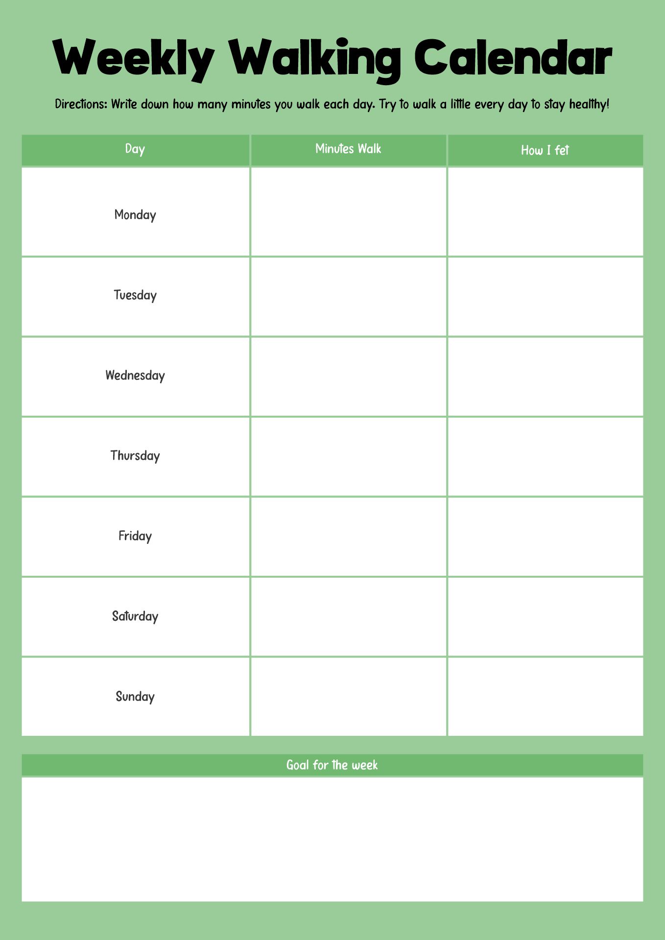 Printable Weekly Walking Calendar Printable Weekly Walking Calendar