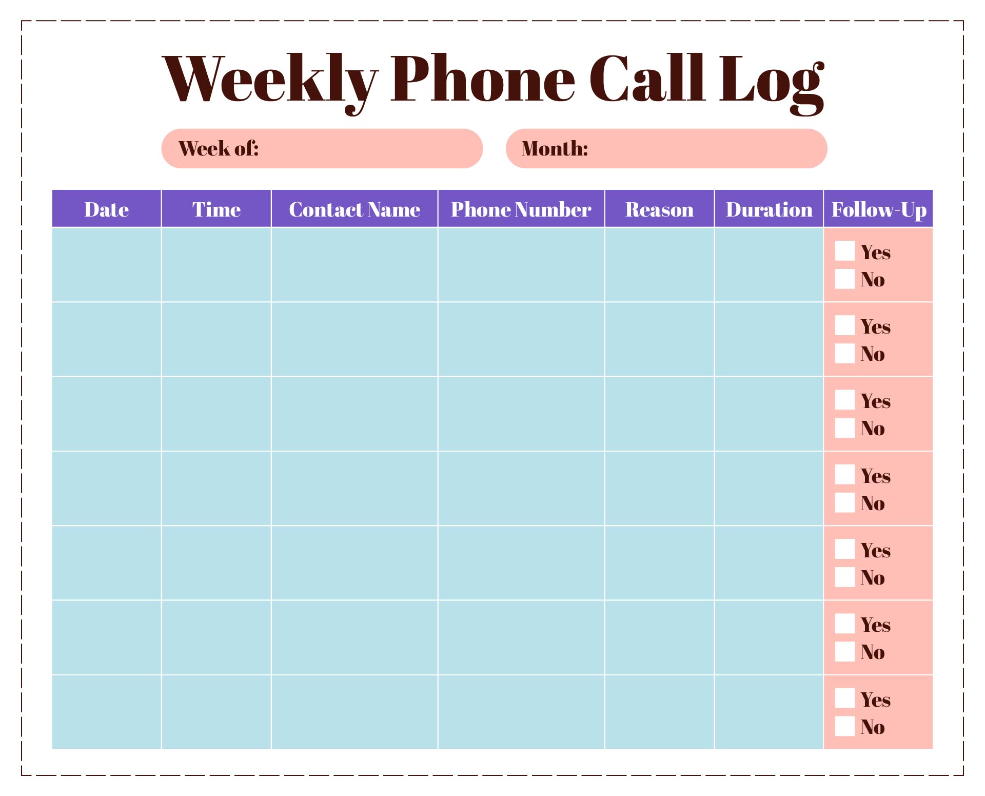 Weekly Phone Call Log Printable