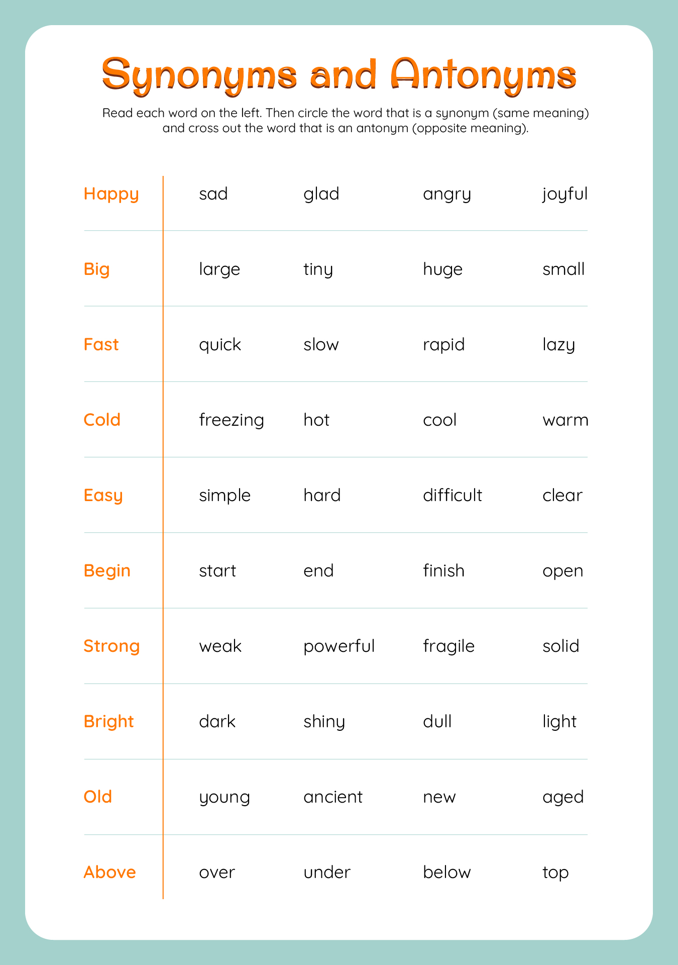 Synonym And Antonym Worksheet