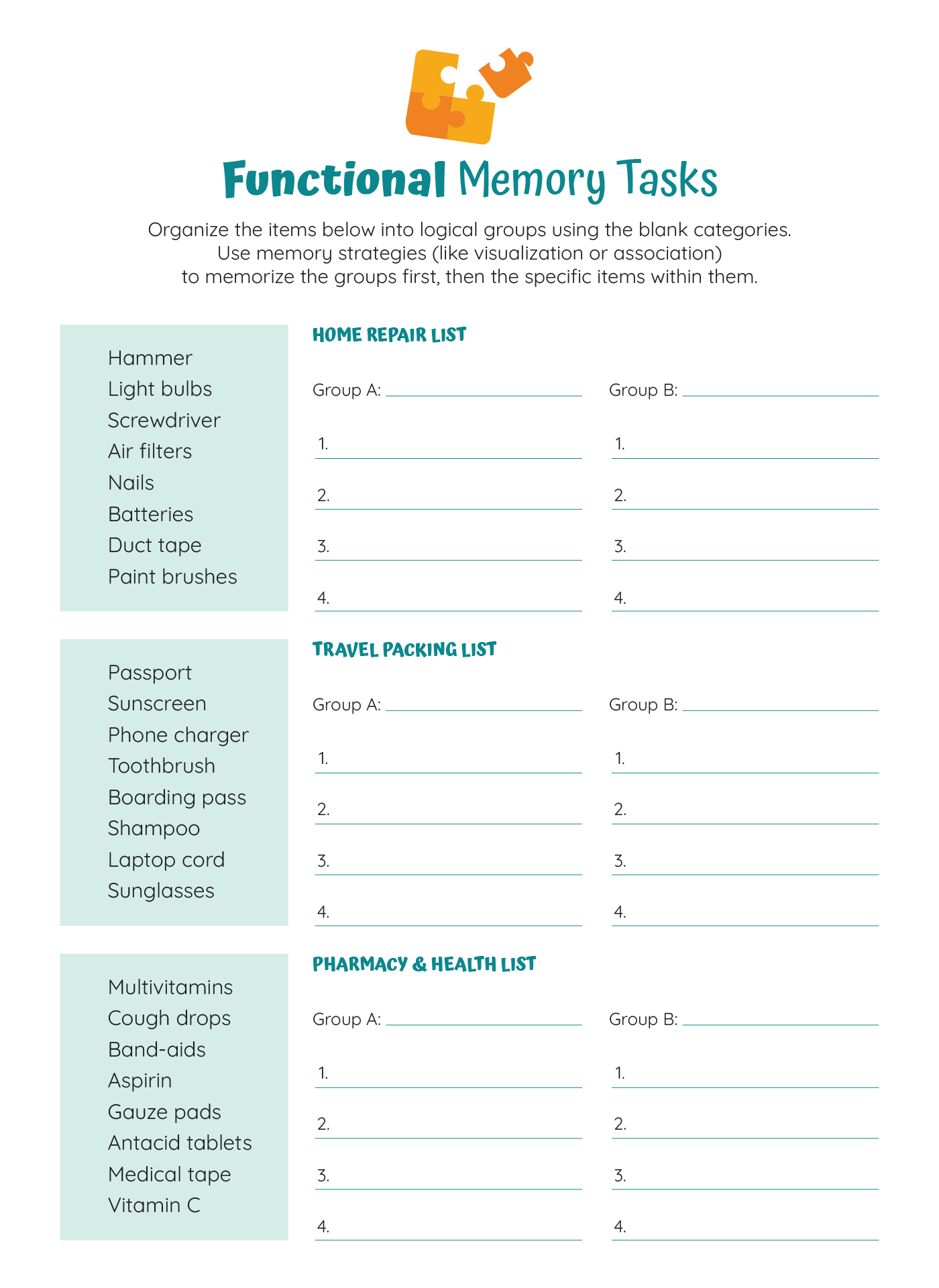 Functional Memory Tasks For Adults