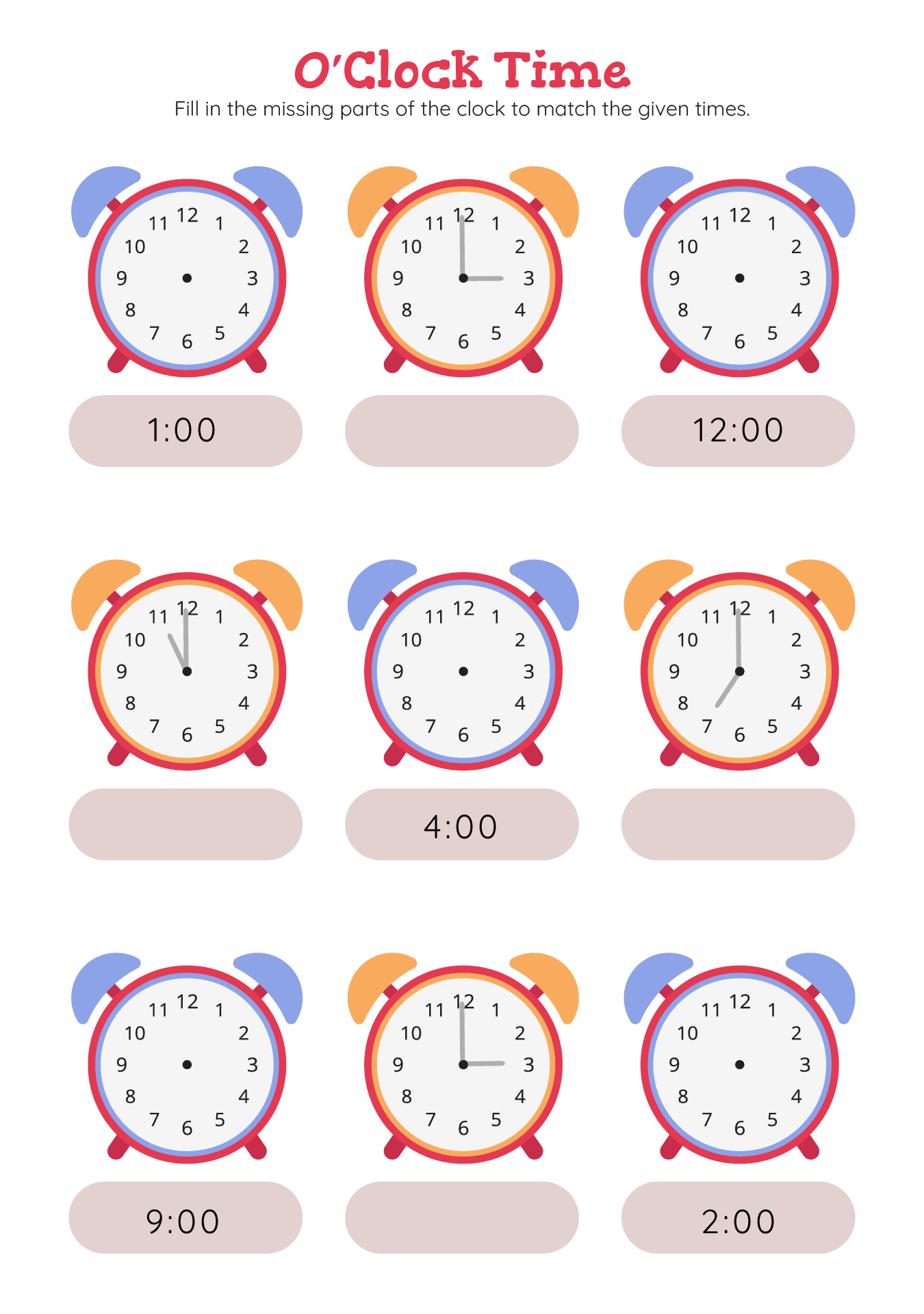 Simple Clock Cognitive Worksheets