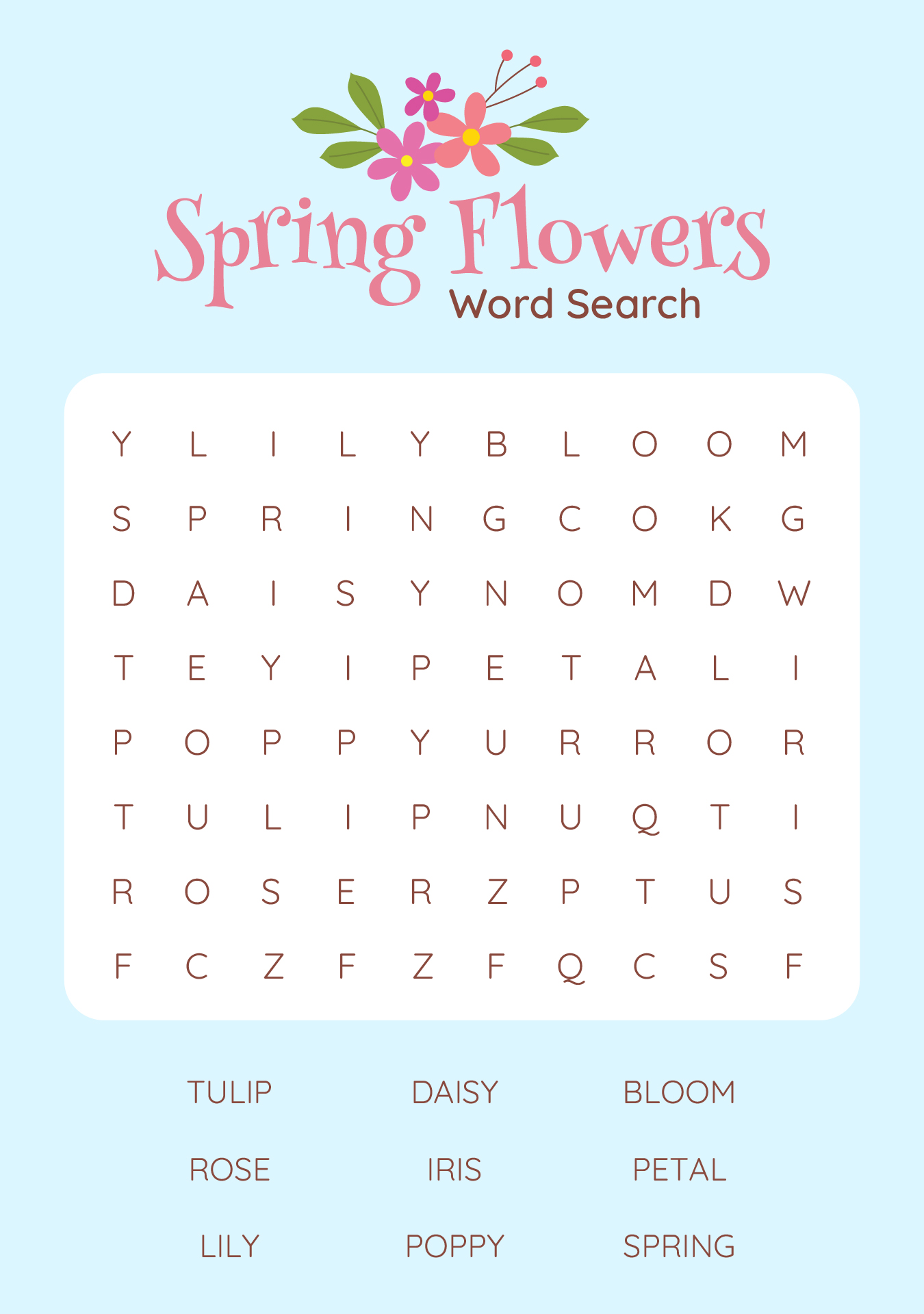 Spring Flowers Coloring Word Search Printable