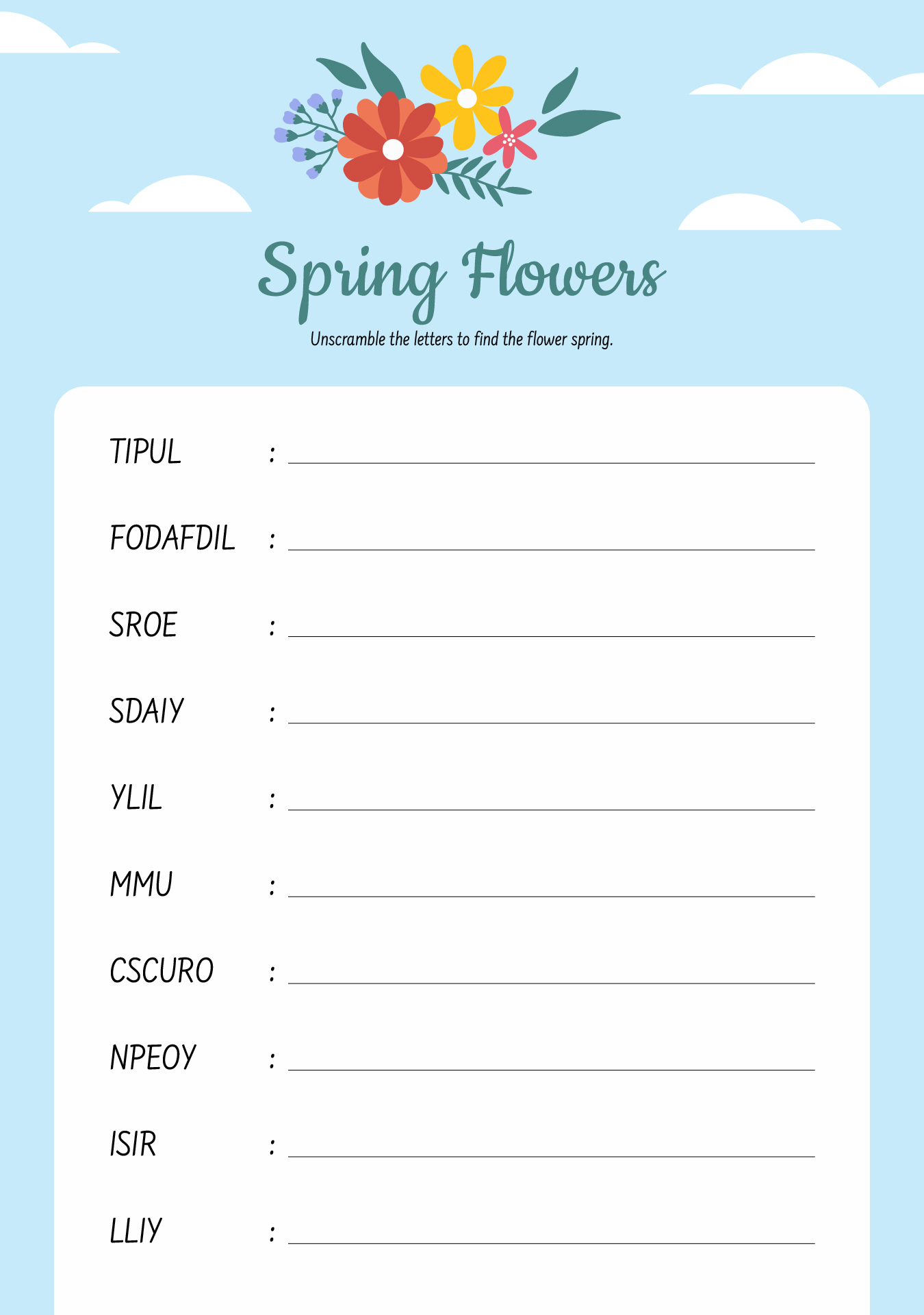 Spring Flowers Word Scramble
