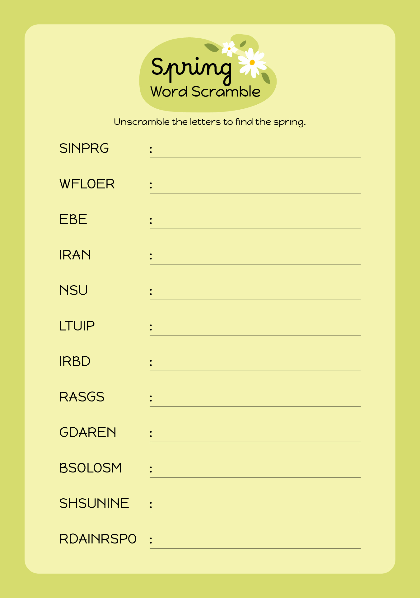 Easy Spring Word Scramble For Elementary