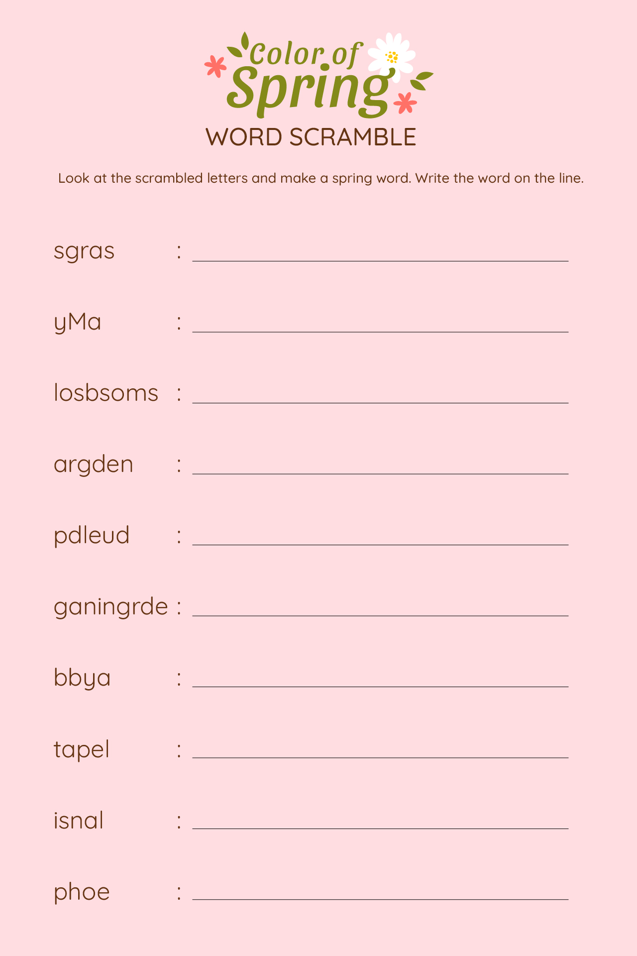 Colors Of Spring Word Scramble Worksheet