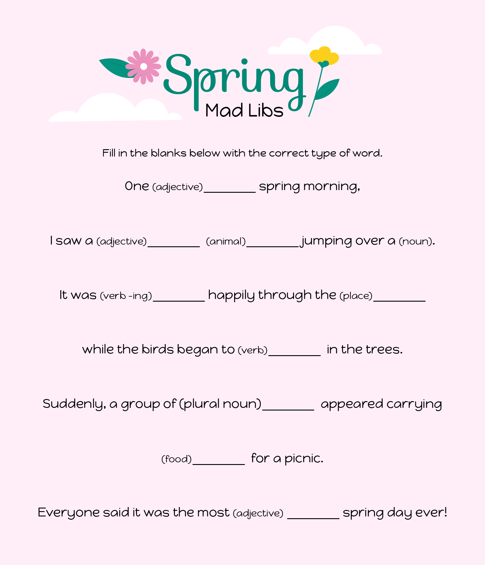 Spring Themed Mad Libs Worksheet